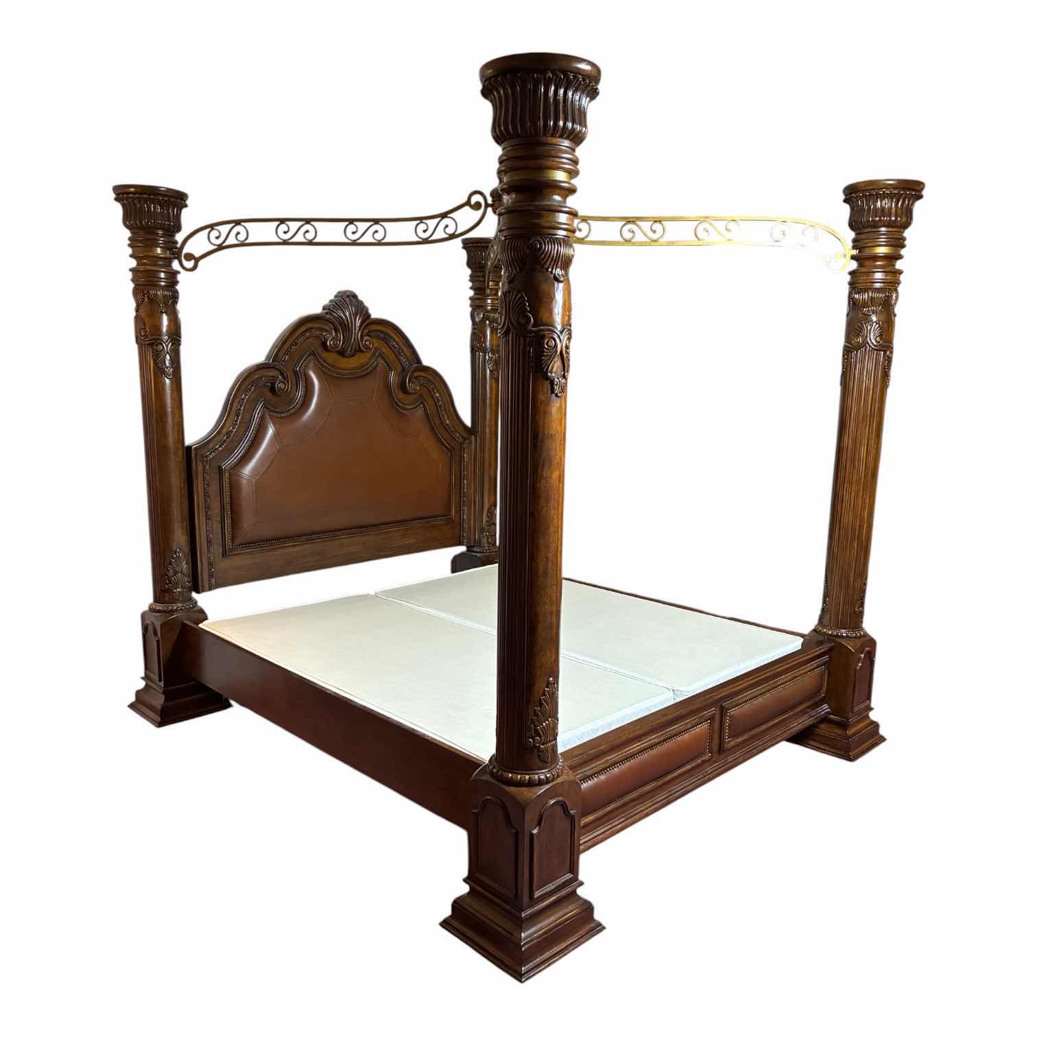 Photo 1 of MCFERRAN HOME FURNITURE MONACO EASTERN DARK CHERRY WOOD LEATHER INLAY KING CANOPY BED FRAME W BEDDING & BOX SPRING INCLUDED (READ NOTES) $3116