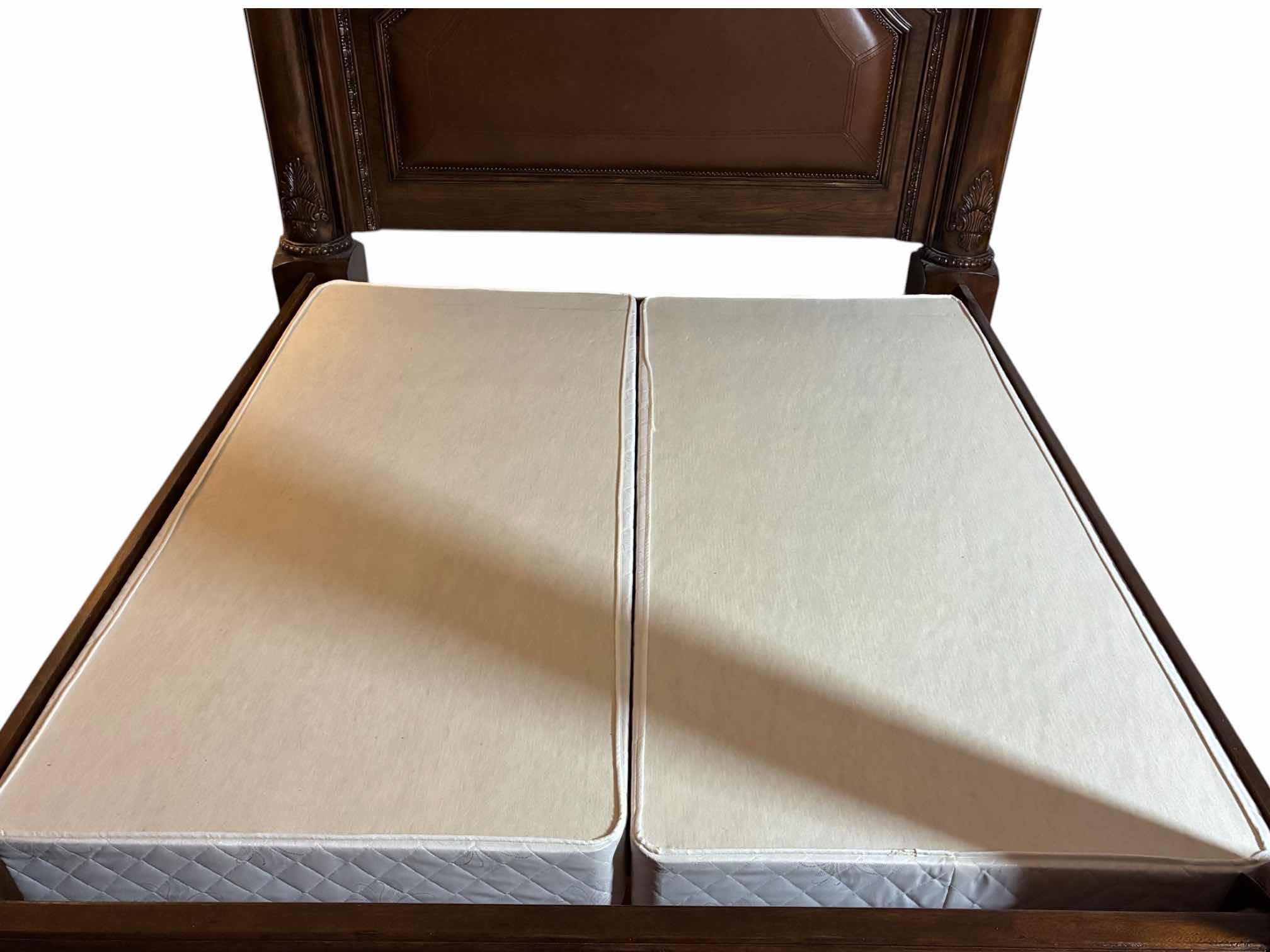 Photo 1 of MCFERRAN HOME FURNITURE MONACO EASTERN DARK CHERRY WOOD LEATHER INLAY KING CANOPY BED FRAME W BEDDING & BOX SPRING INCLUDED (READ NOTES) $3116