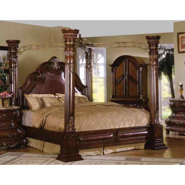 Photo 1 of MCFERRAN HOME FURNITURE MONACO EASTERN DARK CHERRY WOOD LEATHER INLAY KING CANOPY BED FRAME W BEDDING & BOX SPRING INCLUDED (READ NOTES) $3116
