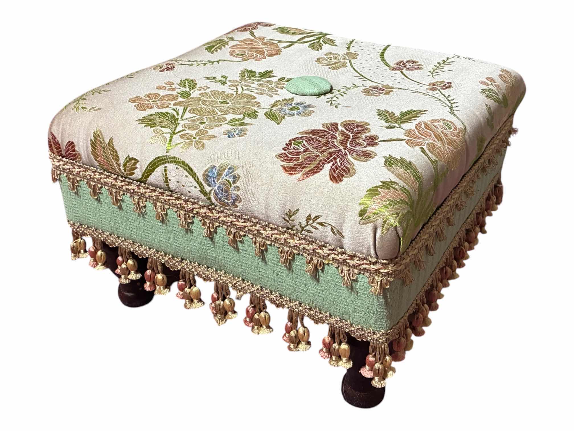 Photo 1 of FLORAL POLYESTER THREADED UPHOLSTERED FOOTSTOOL 14“ X 14“ H9.5“