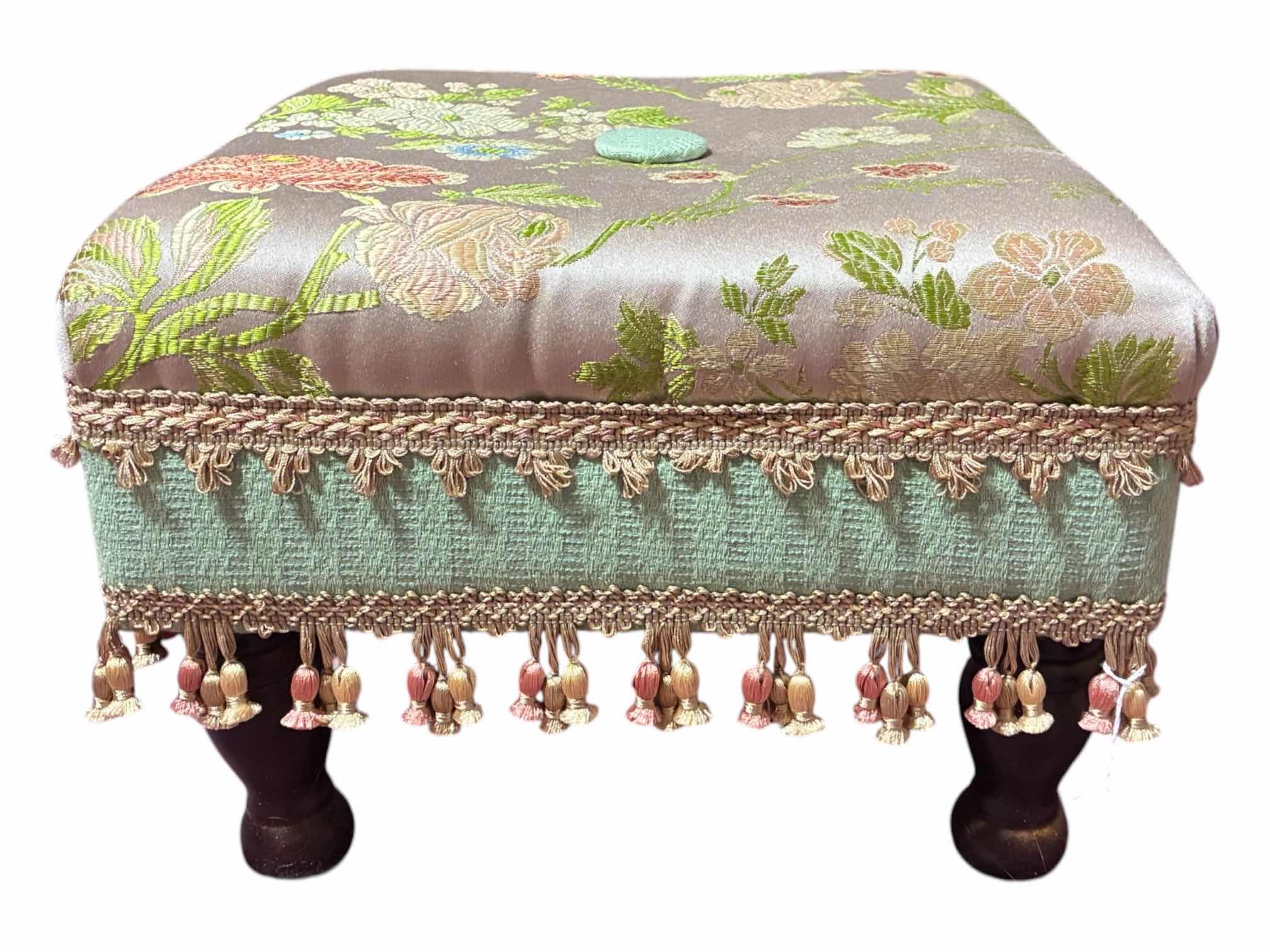 Photo 1 of FLORAL POLYESTER THREADED UPHOLSTERED FOOTSTOOL 14“ X 14“ H9.5“