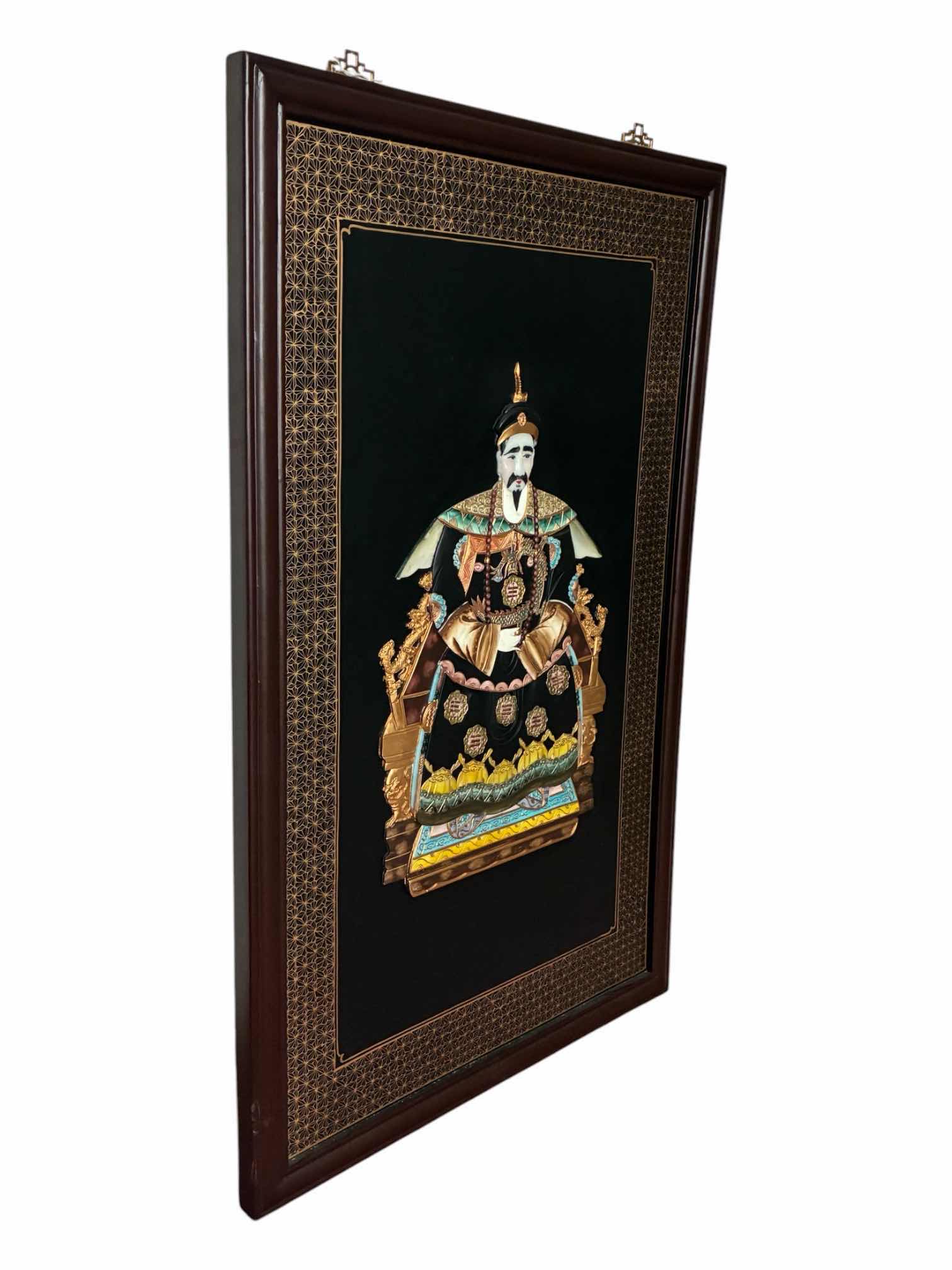 Photo 1 of CHINOISERIE HAND-PAINTED JADESTONE EMPEROR SOLID WOOD WALL PLAQUE ARTWORK 29.75“ X 1.5“ H48”