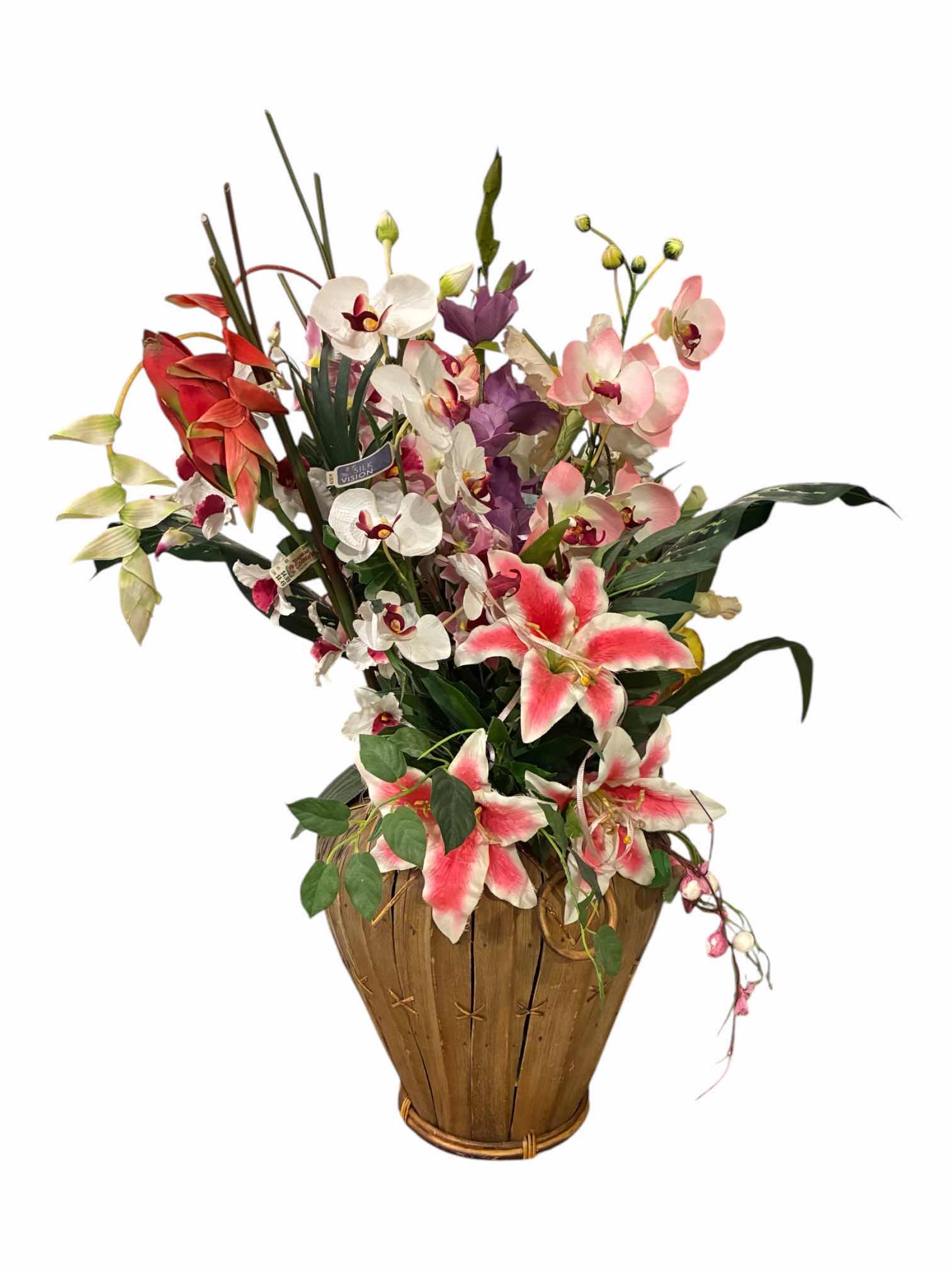 Photo 1 of DECORATIVE TROPICAL FLORAL ARRANGEMENT W HANDMADE WOODEN PLANTER POT 13” X 36”