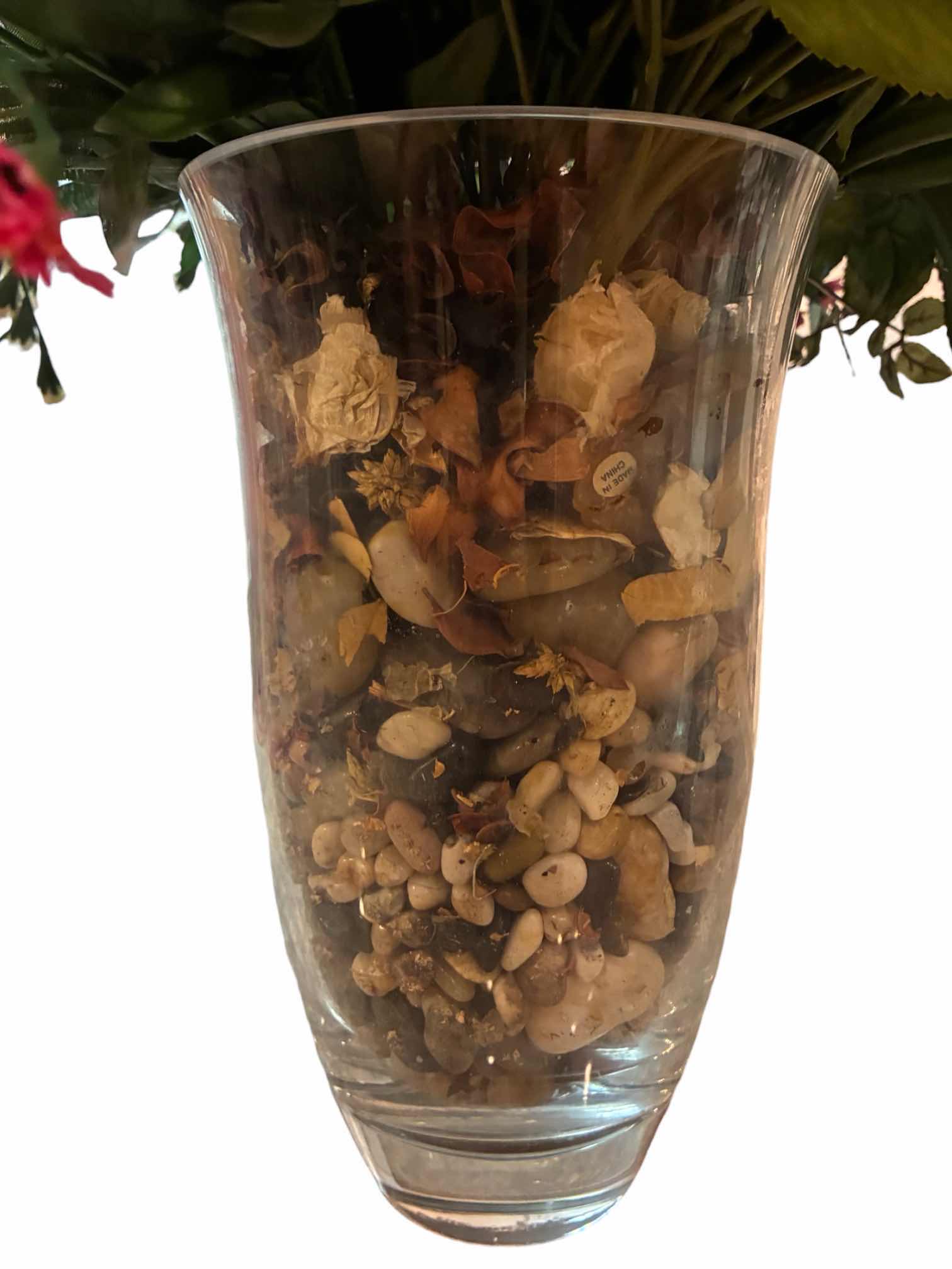 Photo 1 of ROSE VARIETY ARRANGEMENT RIVER ROCK CLEAR GLASS VASE 19” X 23”