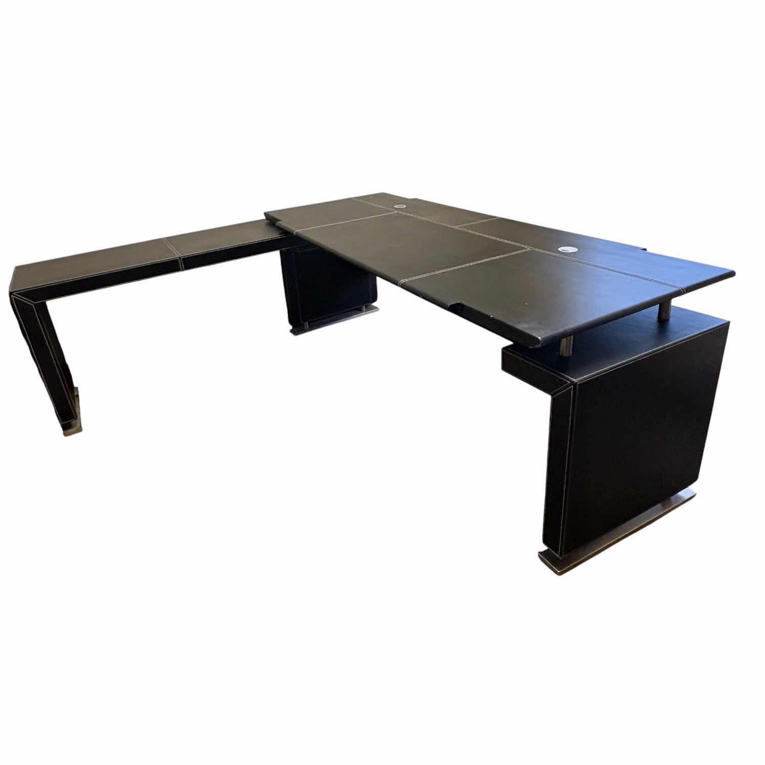 Photo 1 of L SHAPED EXECUTIVE BLACK DESK W WHITE STITCHING 77”X30”H29” LARGE SECTION, OTHER SECTION 63.5”X17”H29”