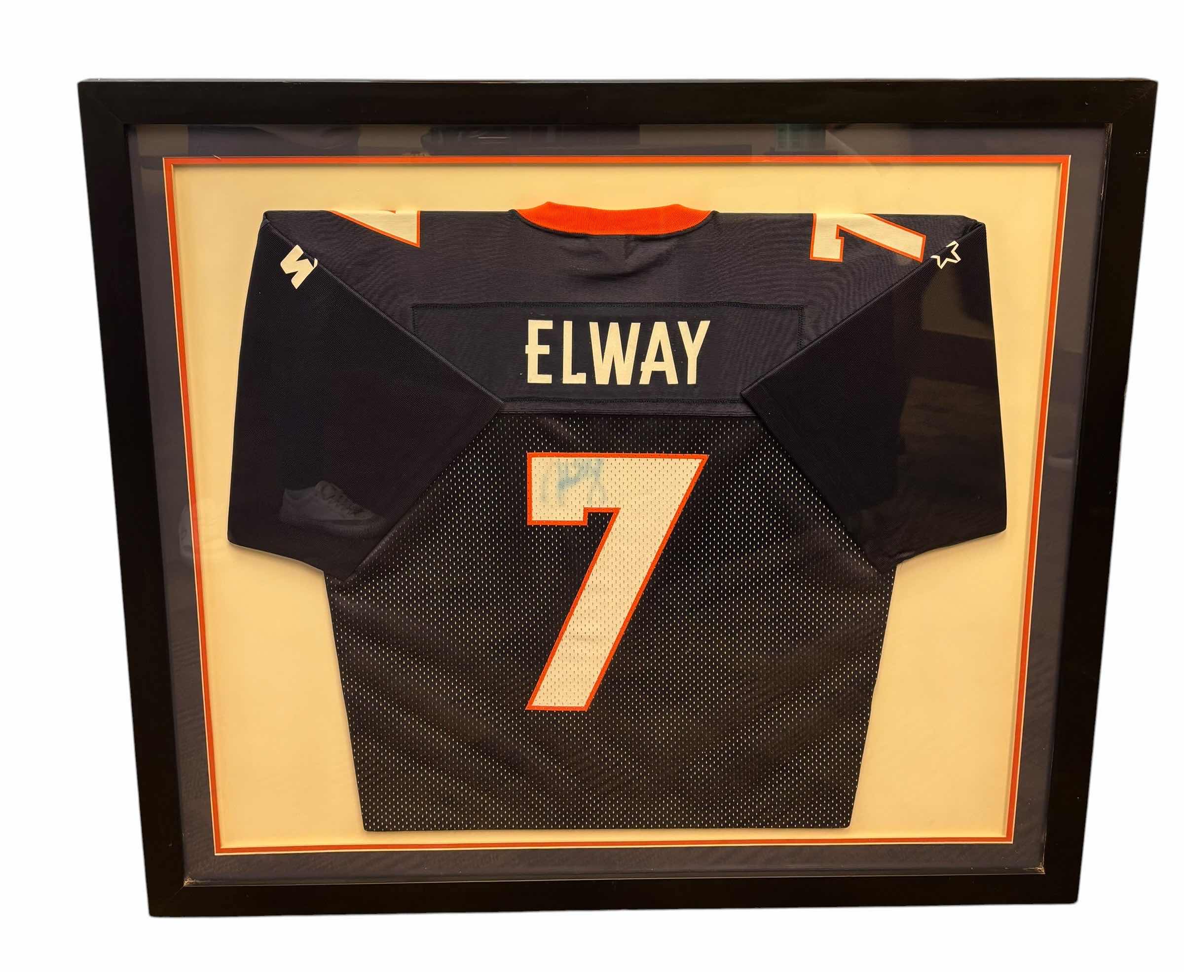 Photo 1 of JOHN ELWAY DENVER BRONCOS FRAMED SIGNED (FADED) JERSEY (NOT AUTHENTICATED) 38” X 34”