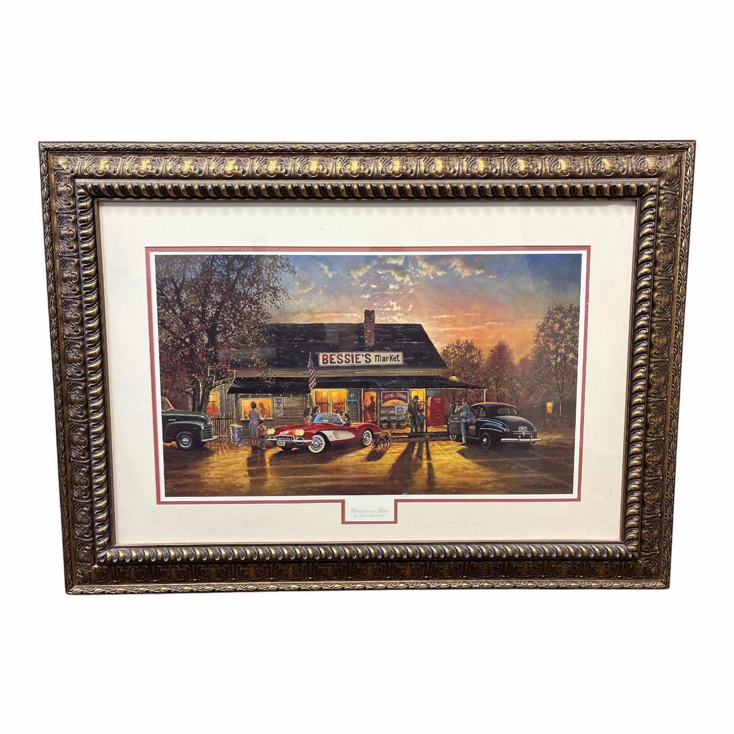 Photo 1 of FRAMED ARTWORK DAVE BARNHOUSE “HOMETOWN HERO” AMERICANA SCENE AT BESSIES MARKET 245/1950 AUTHENTICATION UNKNOWN 41”X31”