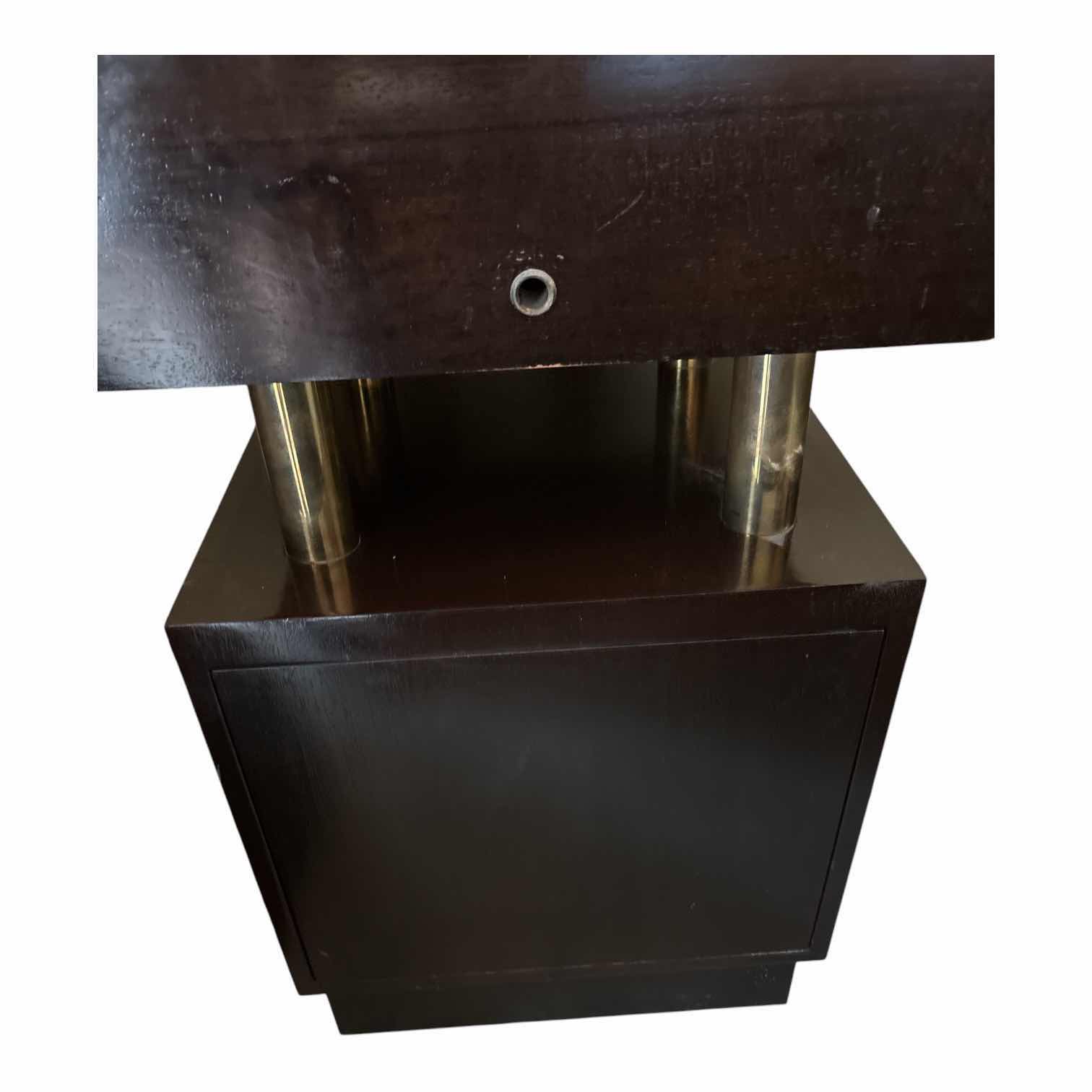 Photo 1 of RETAIL DARK BROWN DISPLAY CASE GLASS ENCASED ON GOLD ACCENT PILLARS 18.25”X18.25”H51.5”