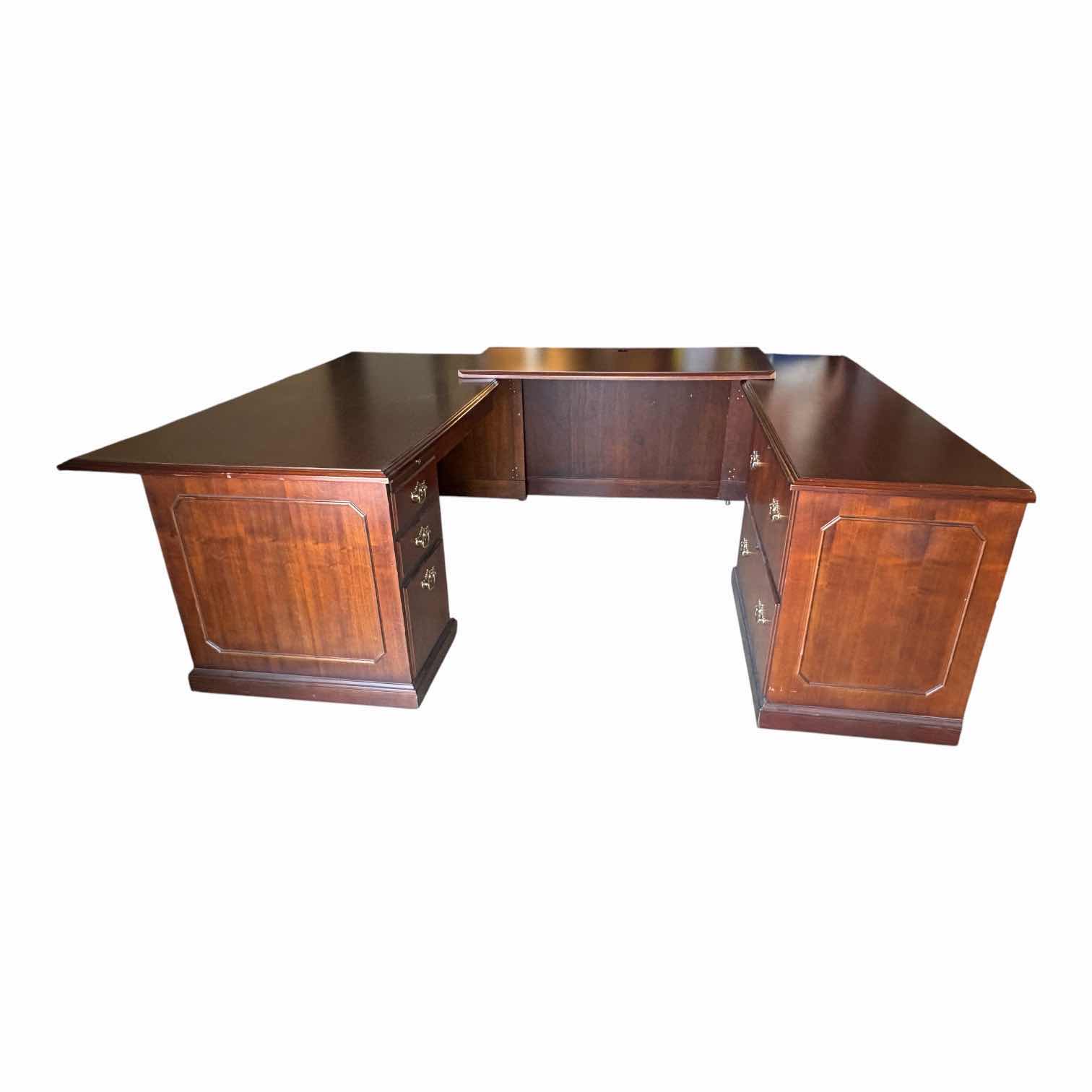 Photo 1 of MAHOGANY U-SHAPED EXECUTIVE DESK W BRASS HANDLES 94”X72”X30”