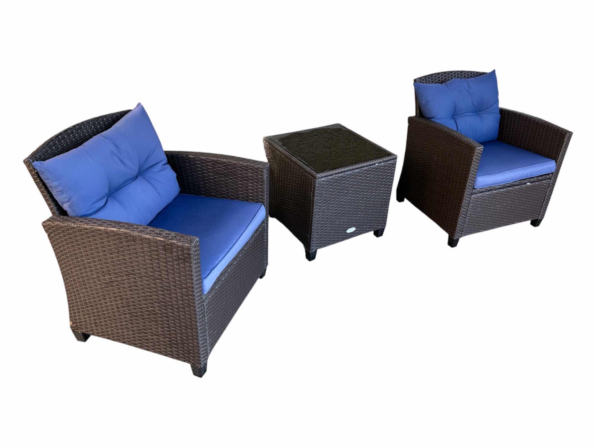 Photo 1 of PATIOJOY OUTDOOR RATTAN 3PC DARK BROWN PATIO SET W BLUE CUSHIONS & ROUND GLASS TOP SIDE TABLE $170
