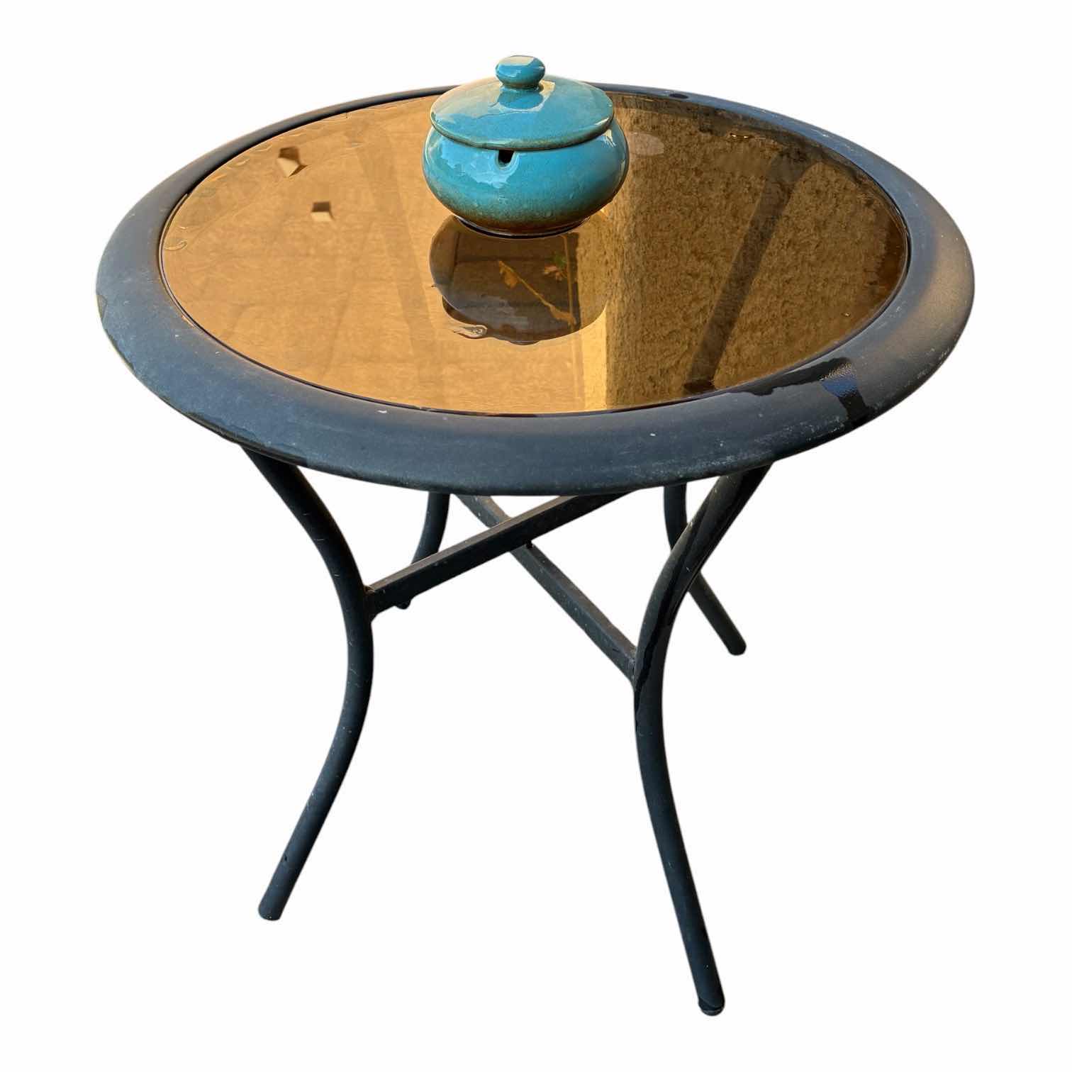 Photo 1 of PATIOJOY OUTDOOR RATTAN 3PC DARK BROWN PATIO SET W BLUE CUSHIONS & ROUND GLASS TOP SIDE TABLE $170