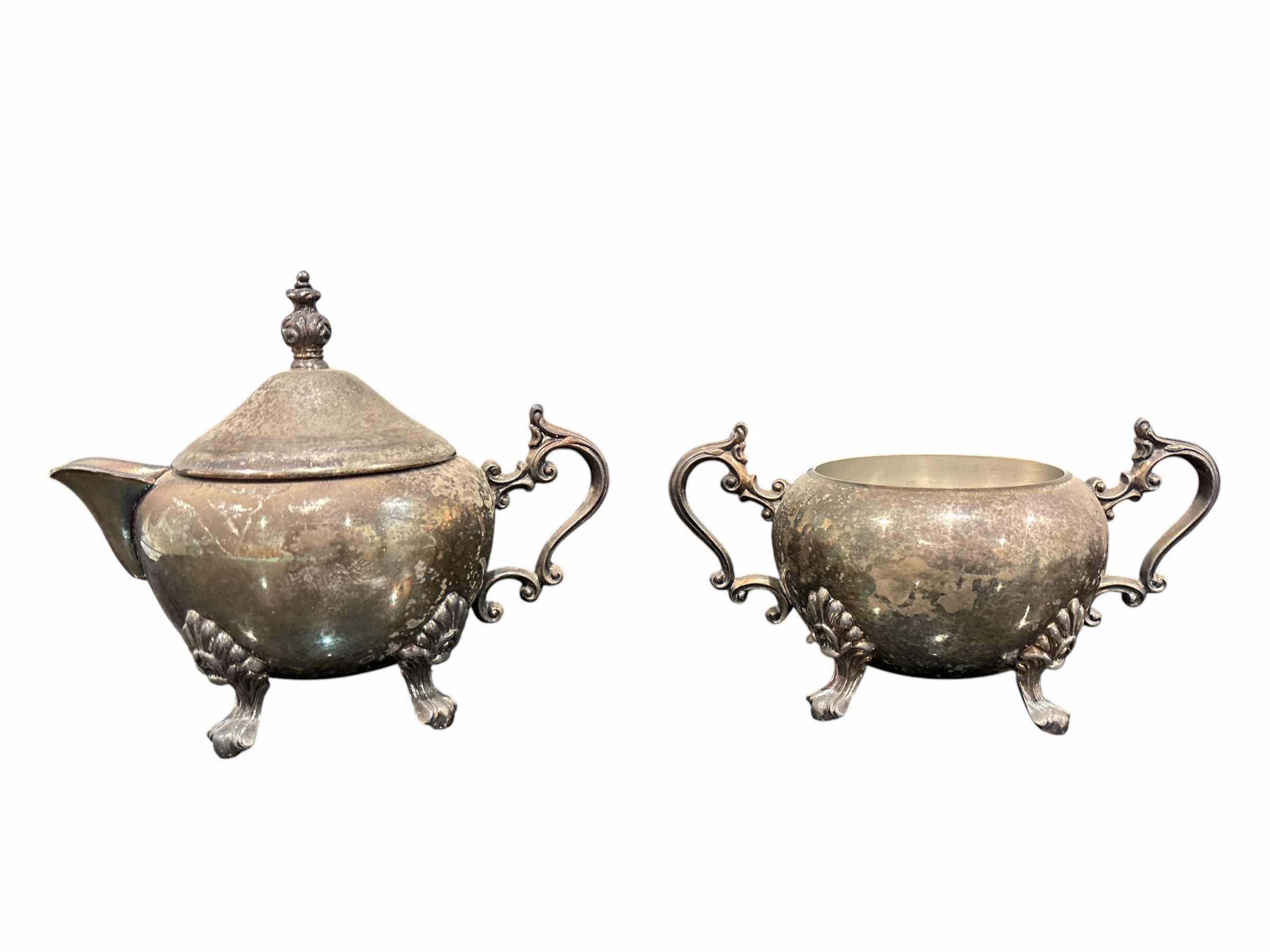 Photo 1 of F.B. ROGERS 5 PC SILVER-PLATED 25” TRAY W 2 KETTLES, CREAMER & SUGAR BOWL