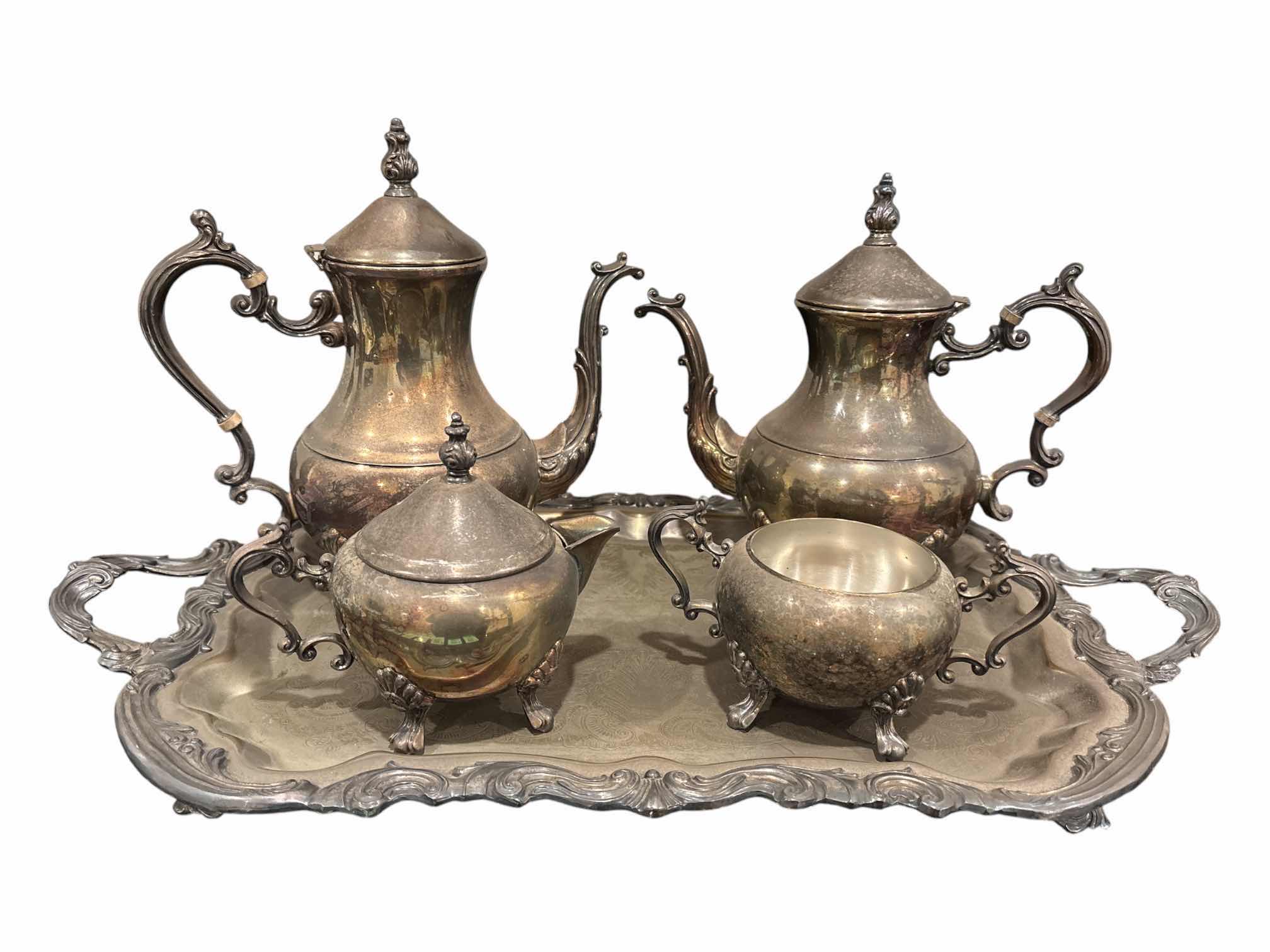 Photo 1 of F.B. ROGERS 5 PC SILVER-PLATED 25” TRAY W 2 KETTLES, CREAMER & SUGAR BOWL