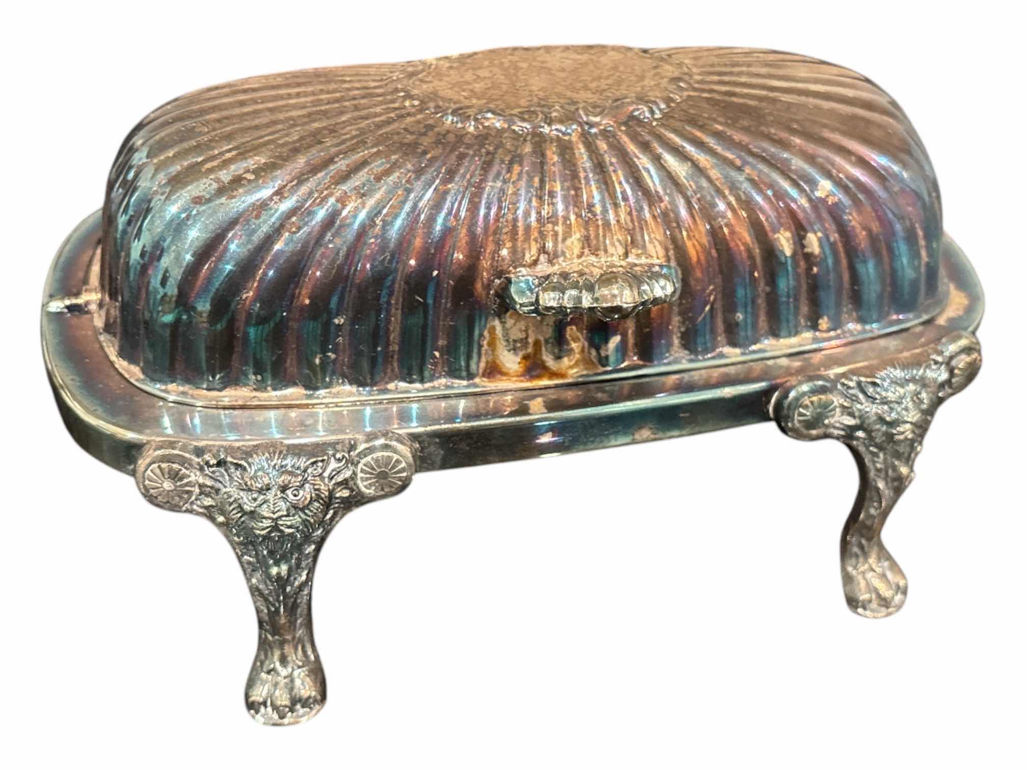 Photo 1 of F.B. ROGERS SILVER-PLATED 5 PC SET- 2 TIER DISH, BUTTER SERVER W GLASS INLAY BUTTER DISH & GRAVY BOAT W SAUCER