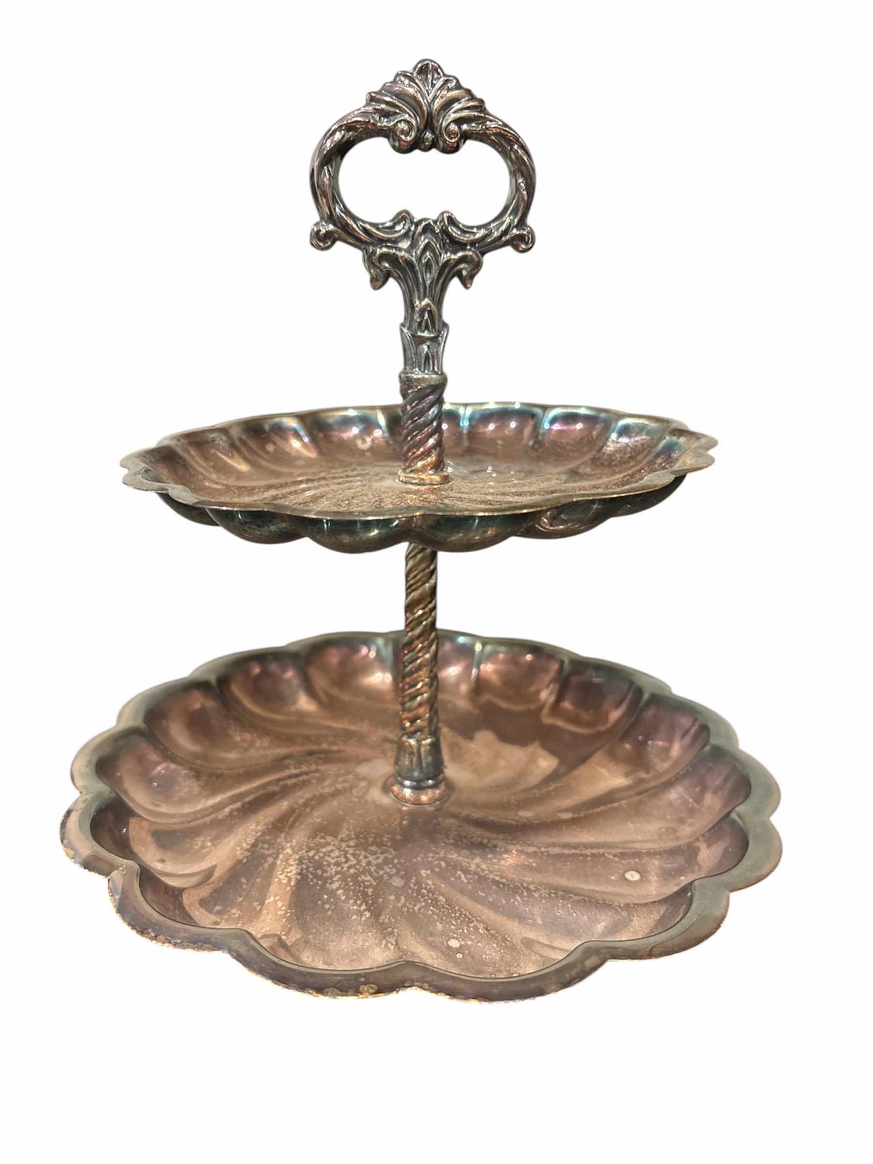 Photo 1 of F.B. ROGERS SILVER-PLATED 5 PC SET- 2 TIER DISH, BUTTER SERVER W GLASS INLAY BUTTER DISH & GRAVY BOAT W SAUCER
