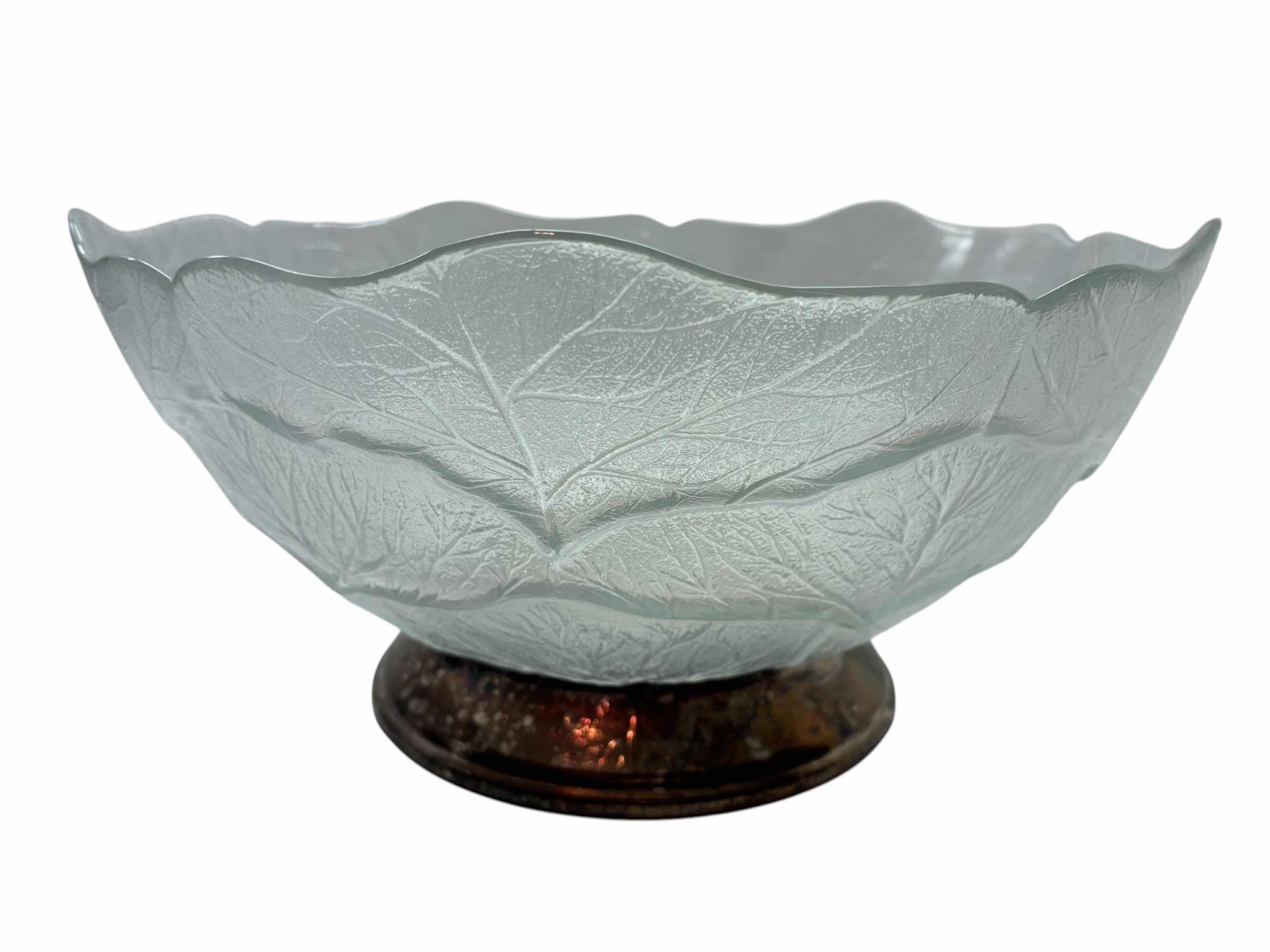 View 1 of VINTAGE GODINGER 12” CABBAGE LEAF W FROSTED GLASS & SILVER PEDESTAL 12.75” X 12.75” H6.3” $70