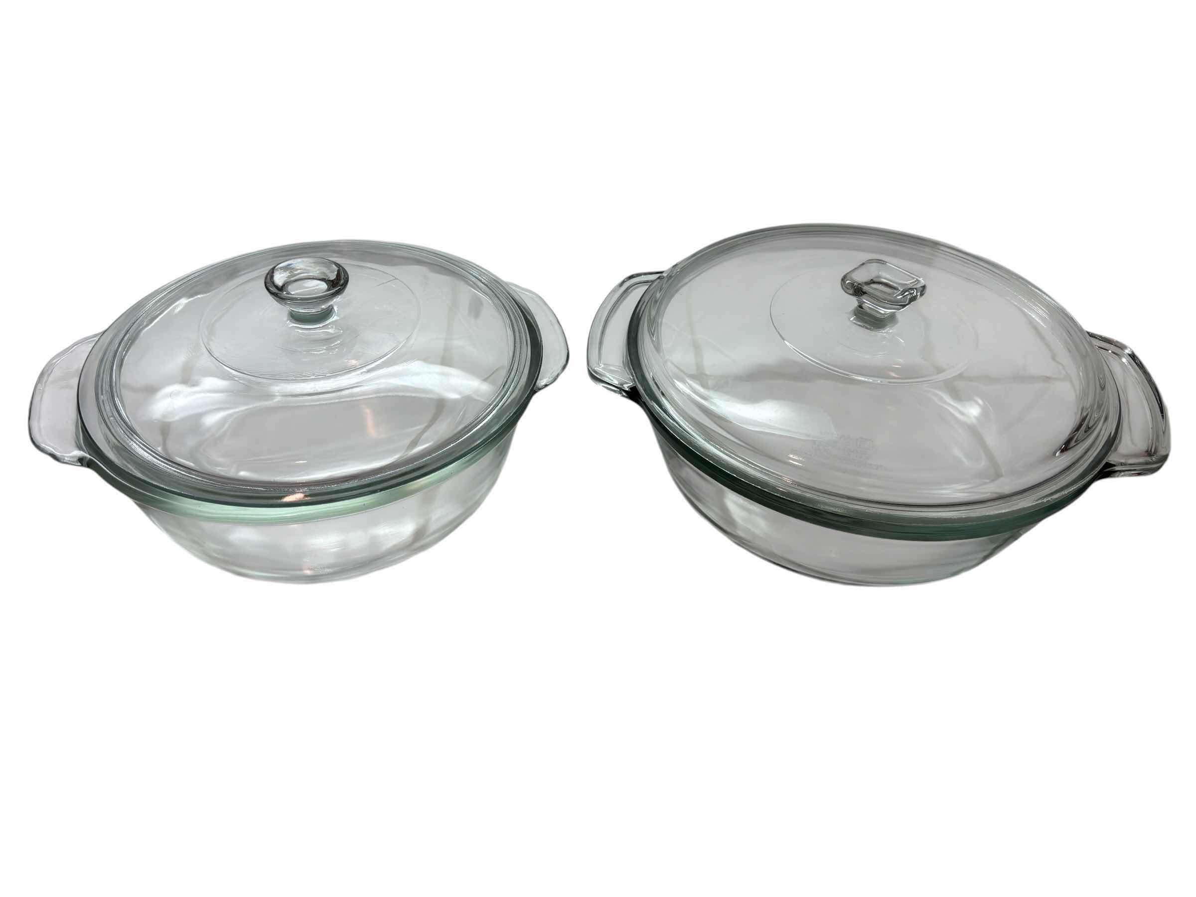 Photo 1 of VINTAGE ANCHOR OVENWARE CLEAR 2 QT ROUND CASSEROLE DISH W LID & ANCHOR HOCKING FIRE KING CLEAR 1.5 QT ROUND CASSEROLE DISH W LID $75