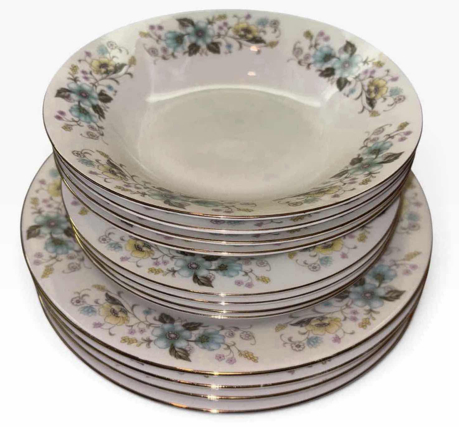 Photo 1 of VINTAGE FLORAL CHINA 12 PC PORCELAIN 10.25” DINNER PLATE, 8” SALAD PLATE & 8” SOUP BOWL SET W GOLD TRIM