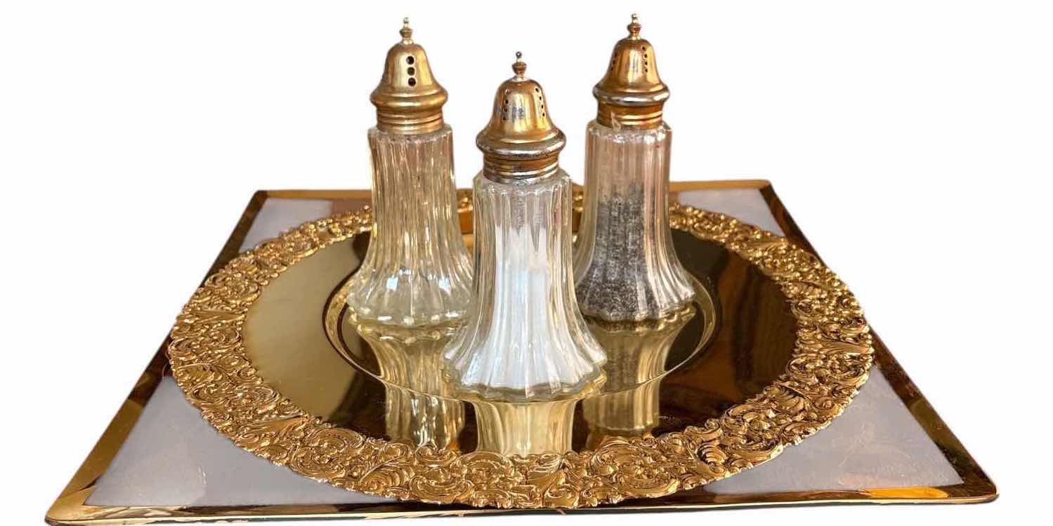 Photo 1 of (5)PCS VINTAGE GOLD-TONE MIRRORED VANITY & CONDIMENT SET D14”