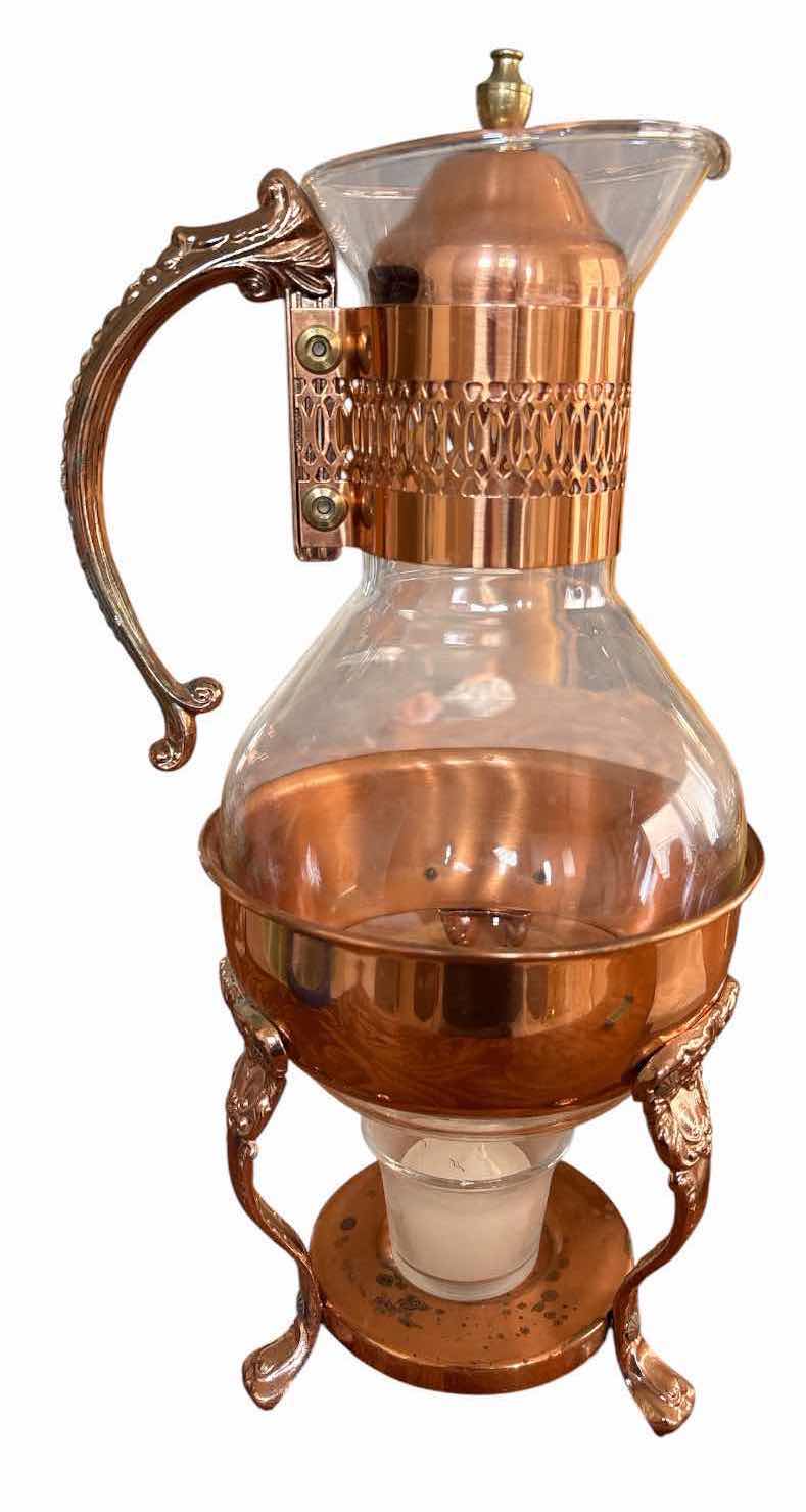 Photo 1 of VINTAGE COPPER-TONE GLASS CARAFE WITH WARMING STAND H13.5”