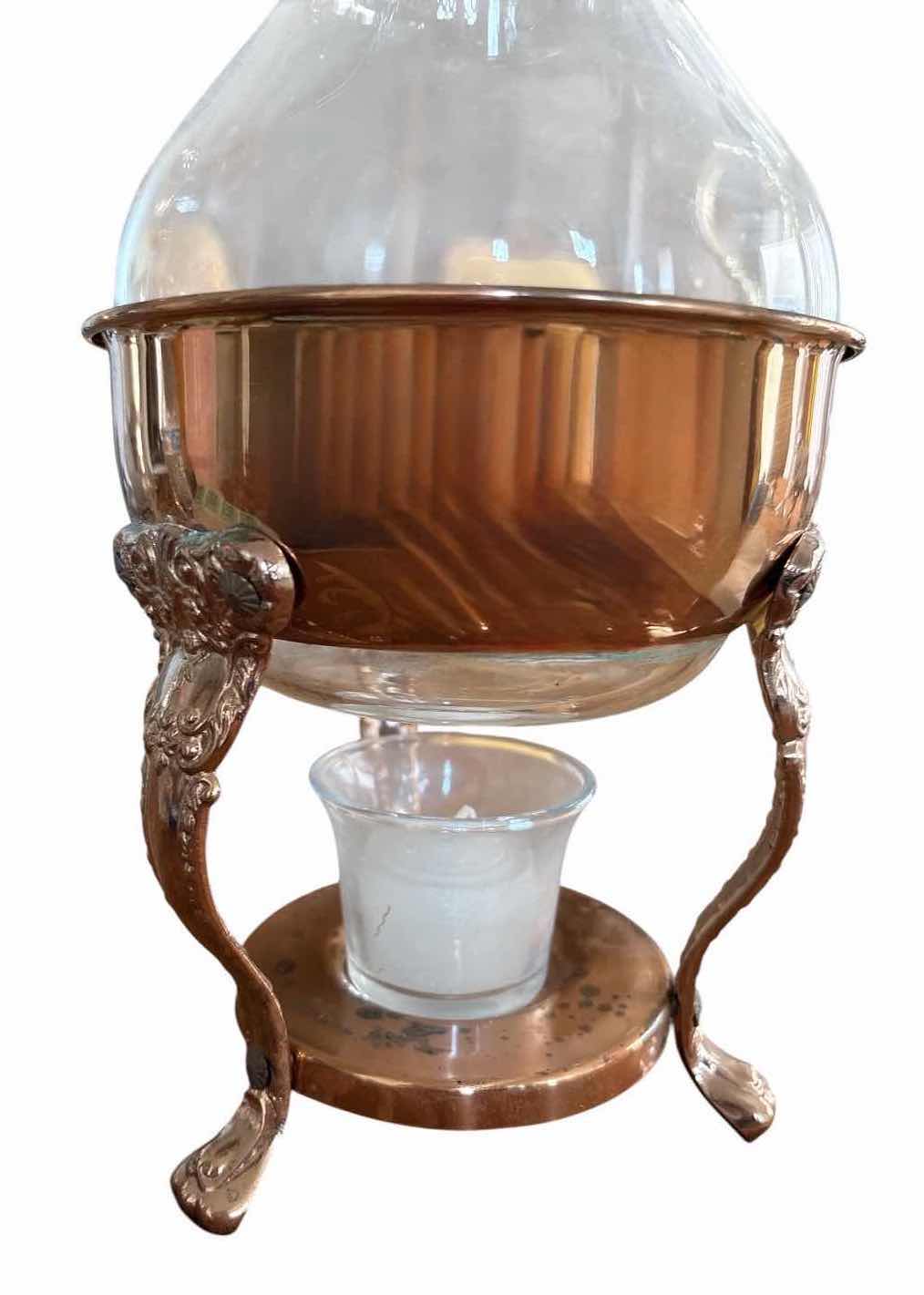 Photo 1 of VINTAGE COPPER-TONE GLASS CARAFE WITH WARMING STAND H13.5”