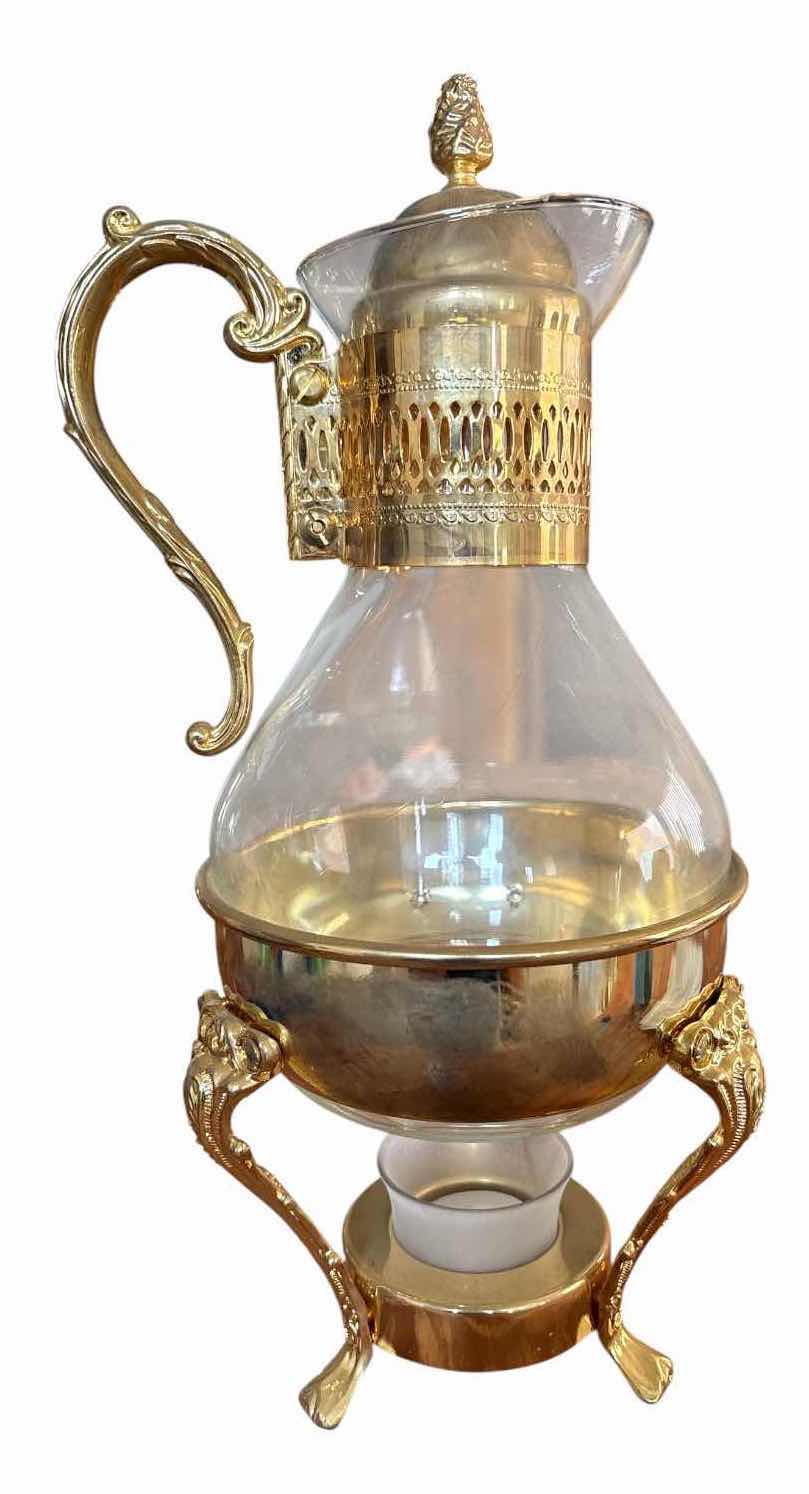Photo 1 of VINTAGE GOLD-TONE GLASS CARAFE WITH WARMING STAND H14”