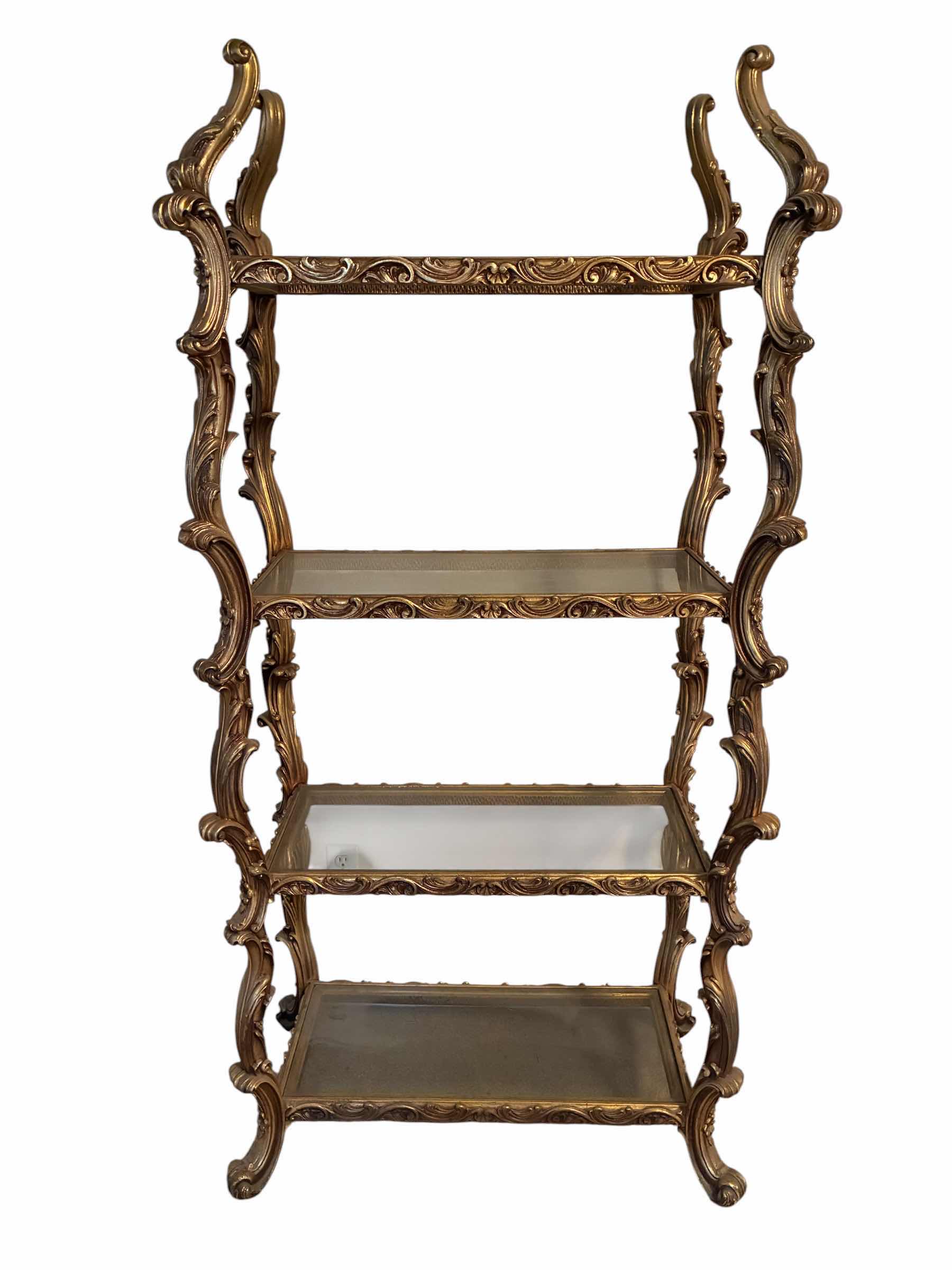 Photo 1 of ANTIQUE HAND CARVED ORNATE GOLD FINISH WOOD 4-TIER GLASS SHELF 35“ X 19“ H72“