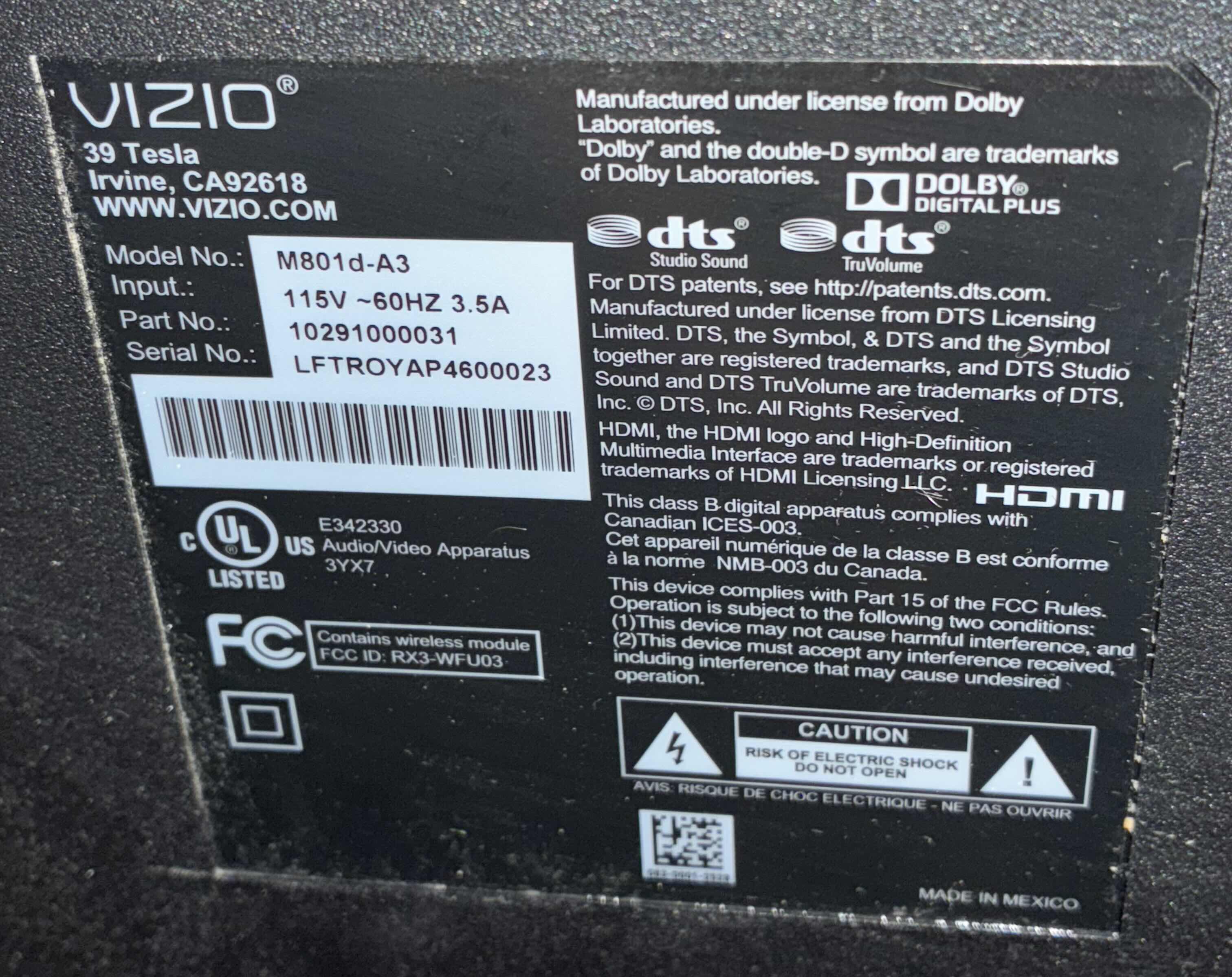 View 3 of VIZIO 80” SMART TV W REMOTE M801d-A3 (WALL MOUNT ONLY)
