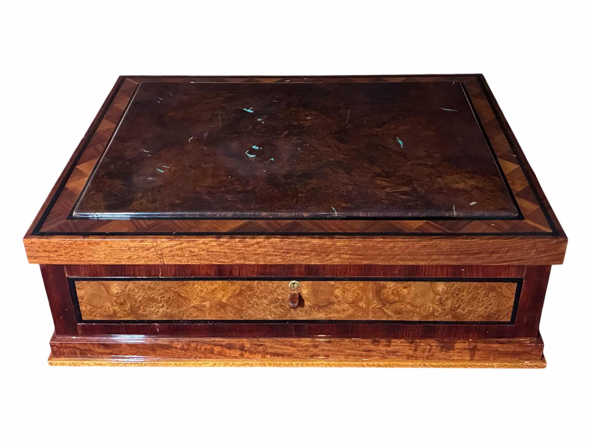 Photo 1 of MID-CENTURY STYLE MULTI-TONE WALNUT WOOD/TURQUOISE ACCENTED COFFEE TABLE W 1 OVERSIZED DRAWER W KEY 51” X 41” H14”