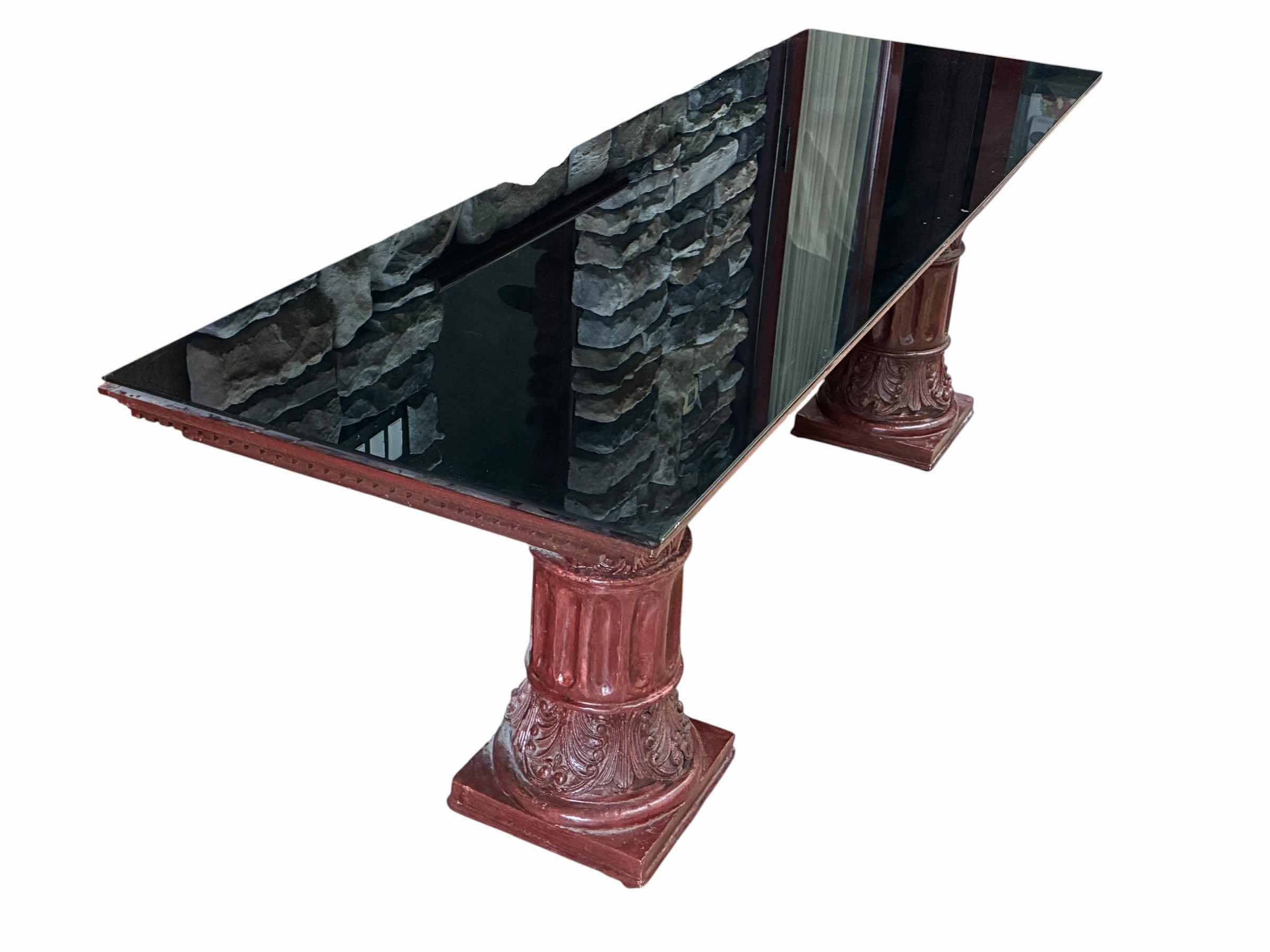 Photo 1 of MID-CENTURY AGED STYLE RED WOOD COLUMN BLACK GLASS TOP CUSTOM BUILD BUFFET TABLE 82“ X 25“ H30“