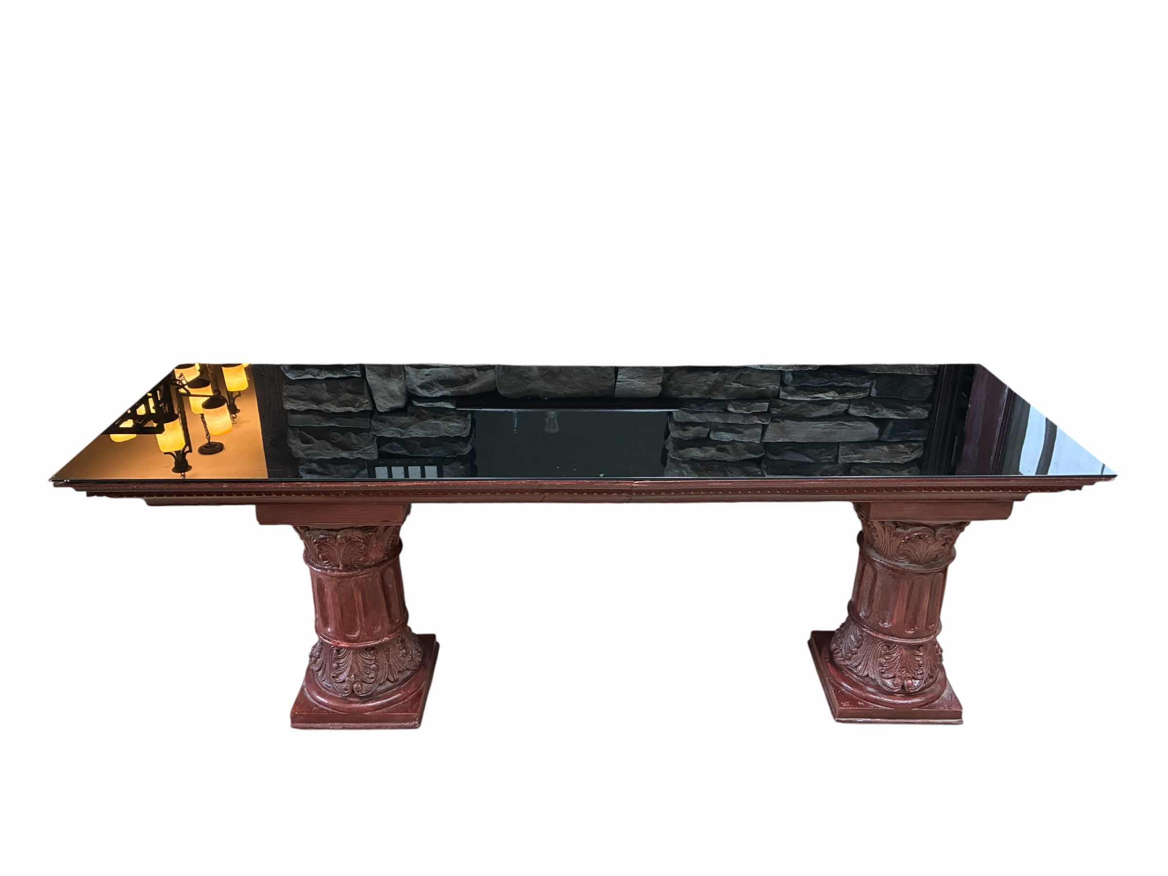 Photo 1 of MID-CENTURY AGED STYLE RED WOOD COLUMN BLACK GLASS TOP CUSTOM BUILD BUFFET TABLE 82“ X 25“ H30“