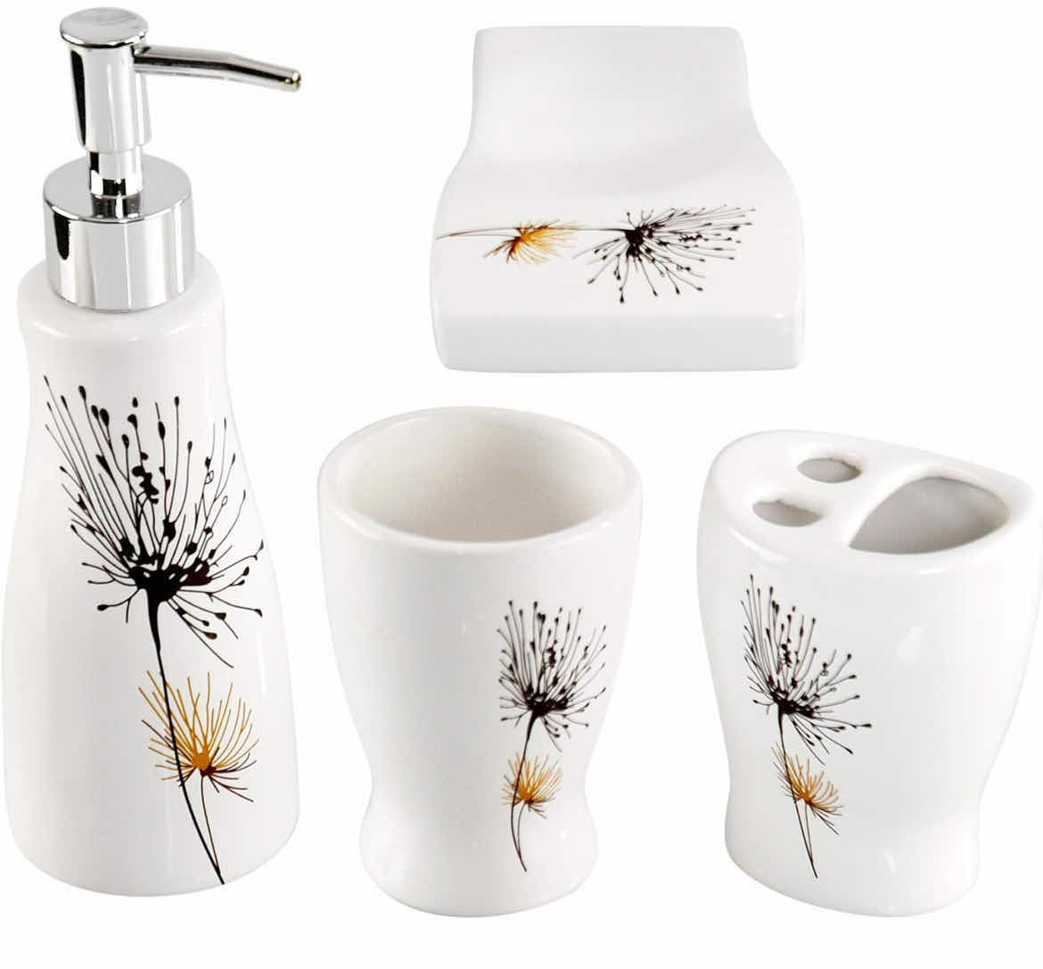 Photo 1 of CASE OF 6 HOME-X BATHROOM ACCESSORY SET 4-PIECE SET WITH SOAP DISH LIQUID DISPENSER TUMBLER AND TOOTHBRUSH HOLDER WHITE WITH FLOWER PRINT