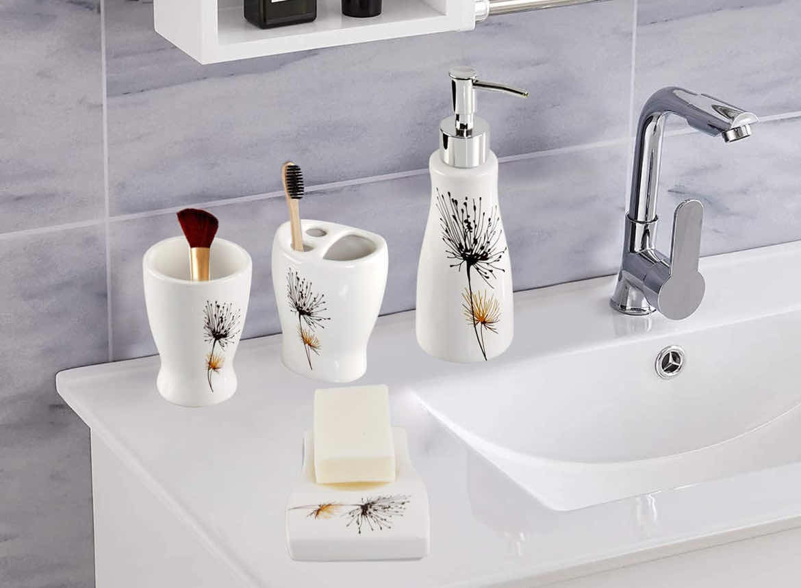 Photo 2 of CASE OF 6 HOME-X BATHROOM ACCESSORY SET 4-PIECE SET WITH SOAP DISH LIQUID DISPENSER TUMBLER AND TOOTHBRUSH HOLDER WHITE WITH FLOWER PRINT