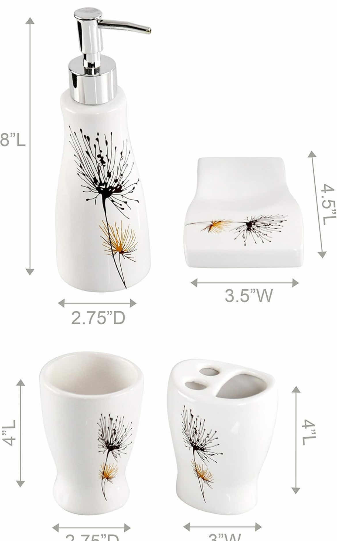 Photo 4 of CASE OF 6 HOME-X BATHROOM ACCESSORY SET 4-PIECE SET WITH SOAP DISH LIQUID DISPENSER TUMBLER AND TOOTHBRUSH HOLDER WHITE WITH FLOWER PRINT