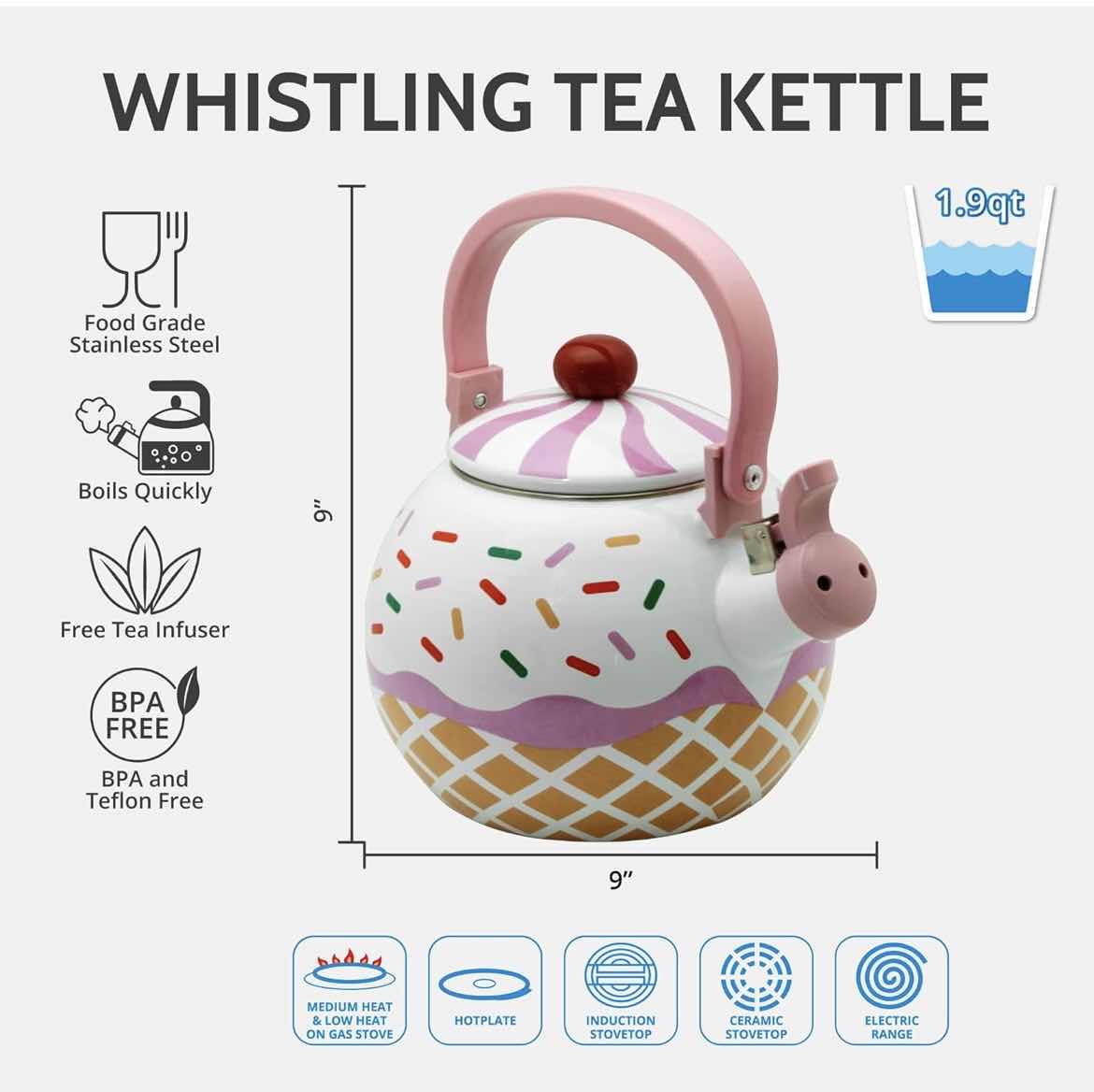 Photo 1 of CASE OF 6 HOME-X STRAWBERRY CUPCAKE WHISTLING TEA KETTLE FOR STOVE TOP 1.7QT CUTE KITCHEN ACCESSORIES