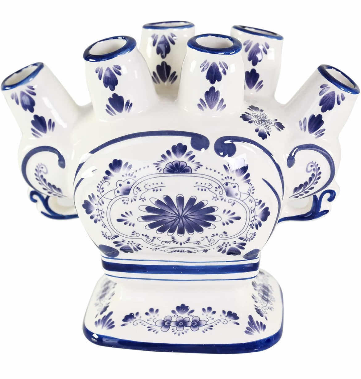 Photo 1 of CASE OF 8 HOME-X CERAMIC FLOWER VASE – 6-PORT BUD IVORY VASE – UNIQUE DECORATIVE FLOWER VASE FOR LIVING ROOM, BEDROOM, KITCHEN, OR OFFICE (WHITE & BLUE)