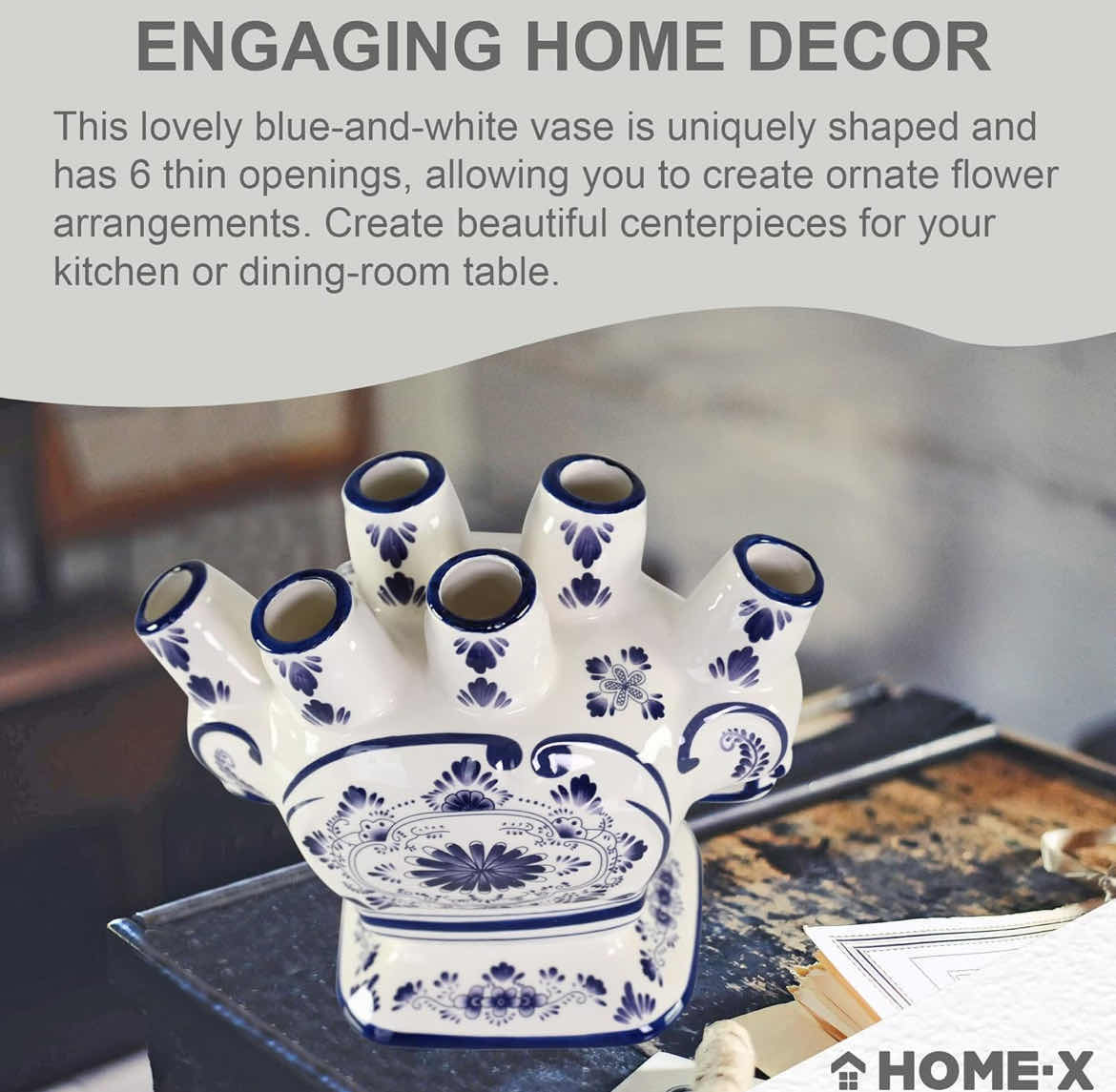 Photo 1 of CASE OF 8 HOME-X CERAMIC FLOWER VASE – 6-PORT BUD IVORY VASE – UNIQUE DECORATIVE FLOWER VASE FOR LIVING ROOM, BEDROOM, KITCHEN, OR OFFICE (WHITE & BLUE)