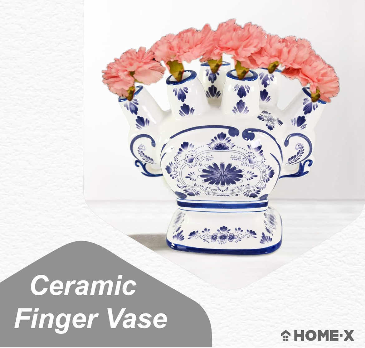 Photo 1 of CASE OF 8 HOME-X CERAMIC FLOWER VASE – 6-PORT BUD IVORY VASE – UNIQUE DECORATIVE FLOWER VASE FOR LIVING ROOM, BEDROOM, KITCHEN, OR OFFICE (WHITE & BLUE)