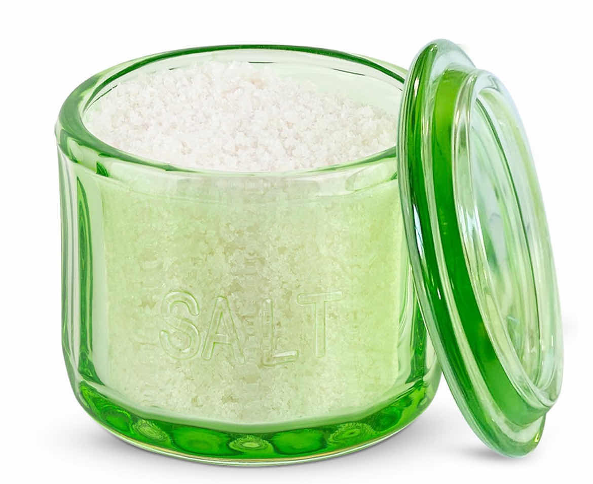 Photo 1 of CASE OF 12 DEPRESSION STYLE GREEN GLASS SALT CELLAR WITH LID, RETRO KITCHEN DECOR, WEDDING GIFT - 3 1/2" H X 4" D