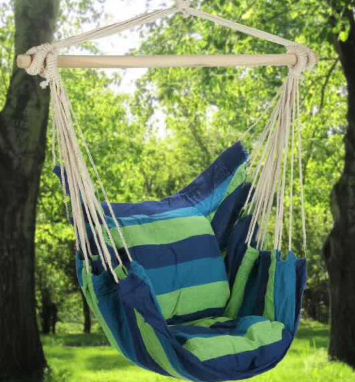 Photo 1 of CASE OF 4 ARAD BLUE & GREEN HANGING ROPE HAMMOCK CHAIR SWING SEAT FOR ANY INDOOR OR OUTDOOR SPACES- MAX. 265 LBS. -2 SEAT CUSHIONS INCLUDED