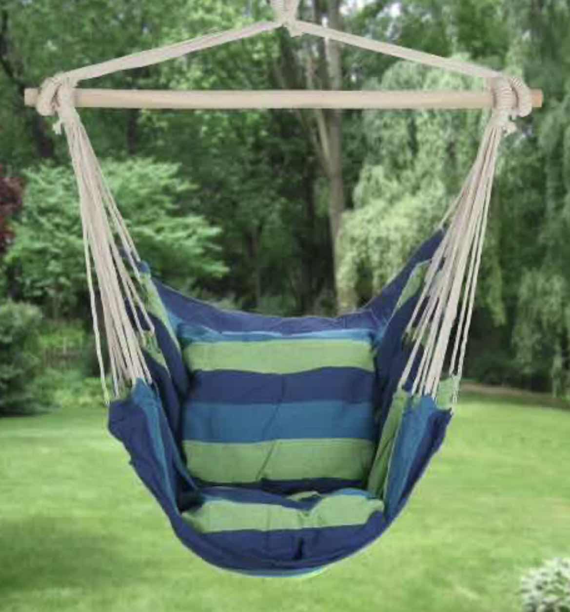 Photo 1 of CASE OF 4 ARAD BLUE & GREEN HANGING ROPE HAMMOCK CHAIR SWING SEAT FOR ANY INDOOR OR OUTDOOR SPACES- MAX. 265 LBS. -2 SEAT CUSHIONS INCLUDED