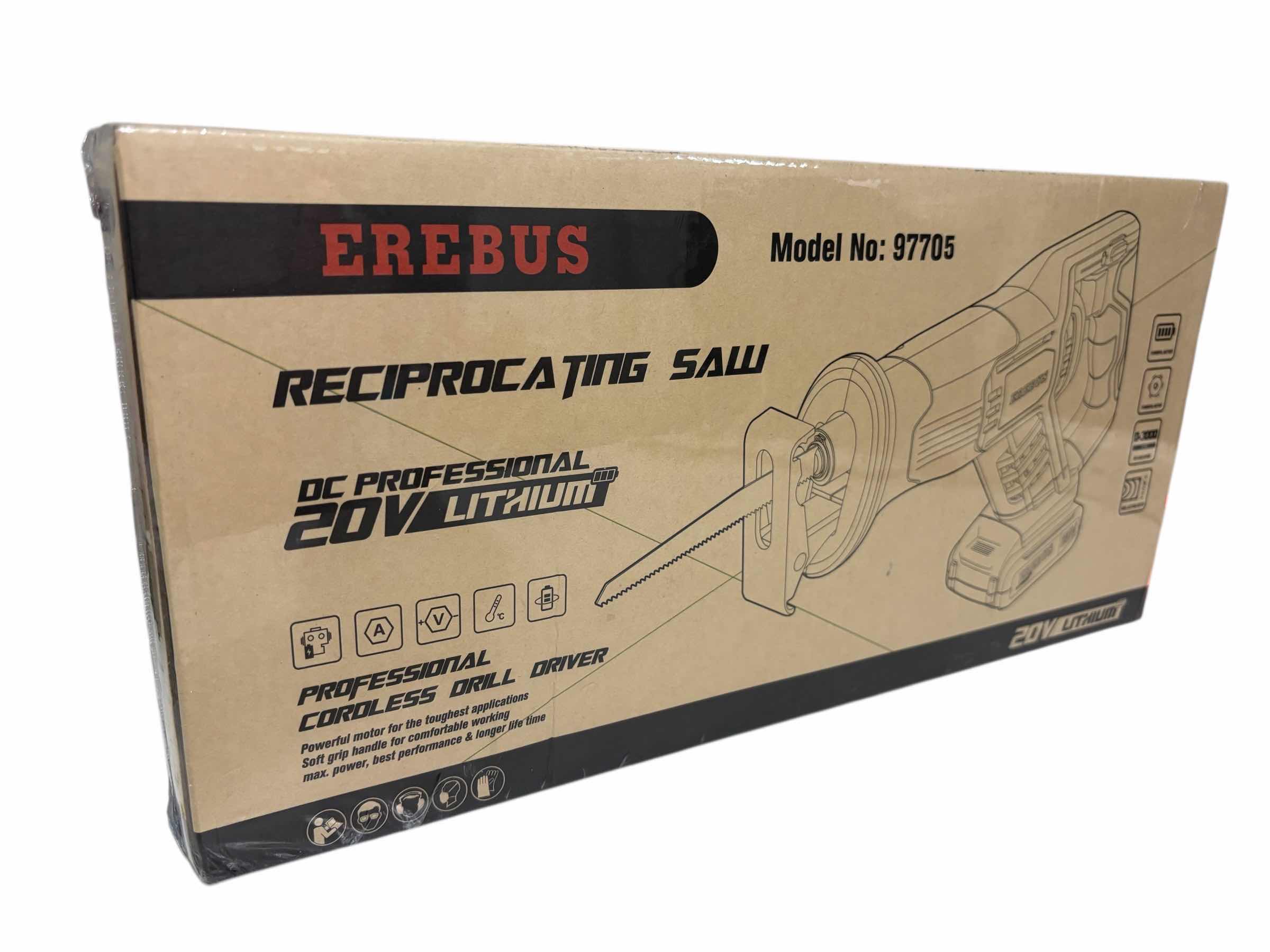 Photo 1 of EREBUS RECIPROCATING SAW DC PROFESSIONAL 20V LITHIUM CORDLESS DRILL DRIVER W CHARGER, BATTERY PACK & 5 BLADES 97705