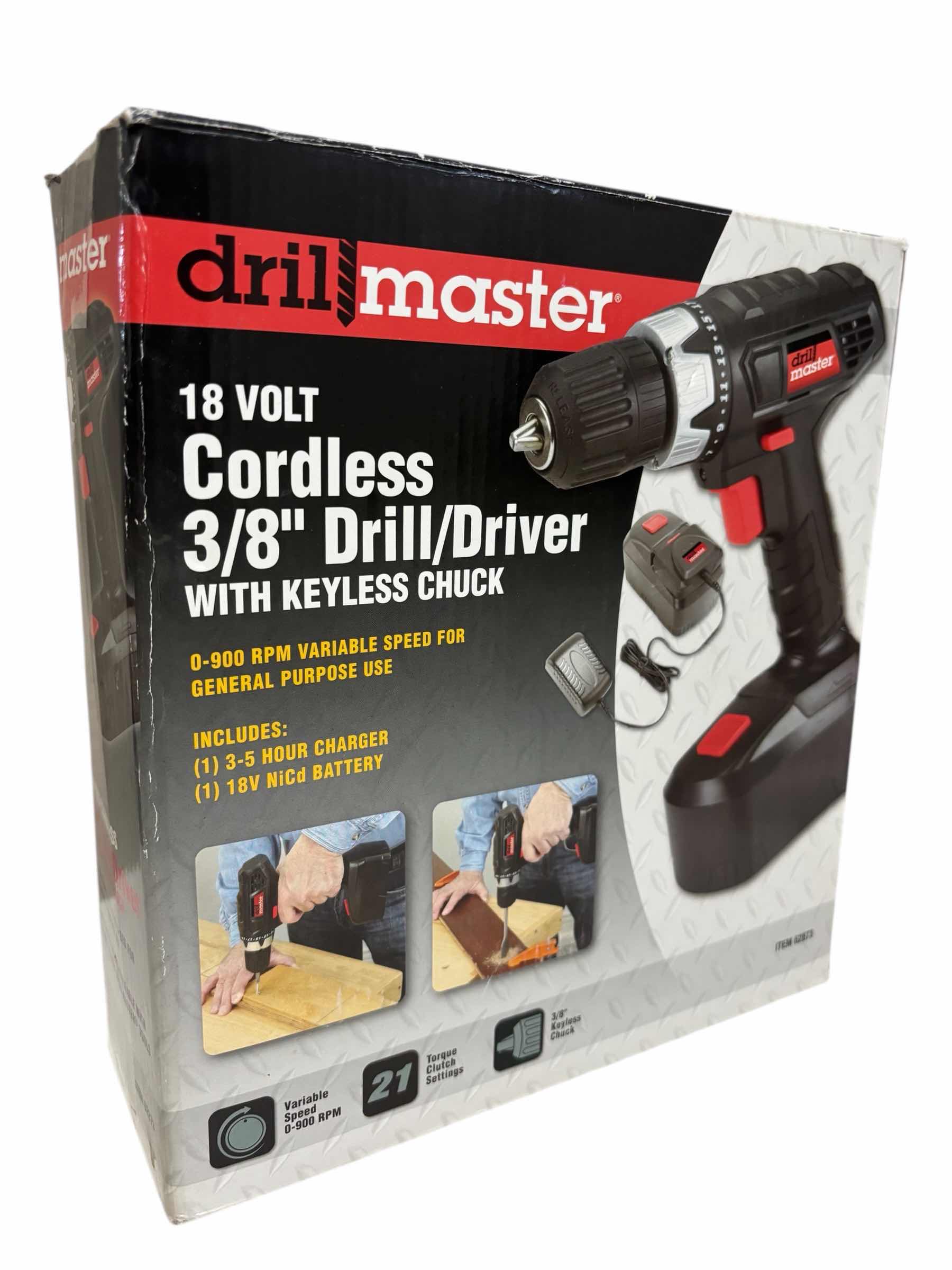 Photo 1 of DRILLMASTER 18V CORDLESS 3/8” DRILL/DRIVER W KEYLESS CHUCK W BATTERY & CHARGER 62873