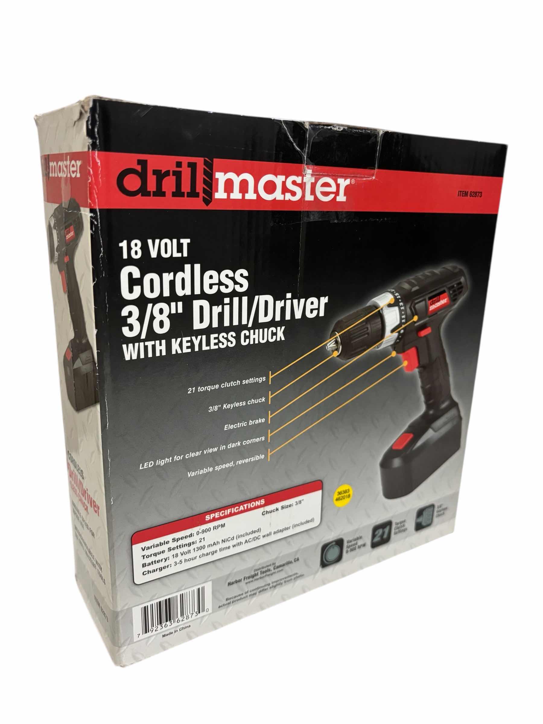 Photo 1 of DRILLMASTER 18V CORDLESS 3/8” DRILL/DRIVER W KEYLESS CHUCK W BATTERY & CHARGER 62873