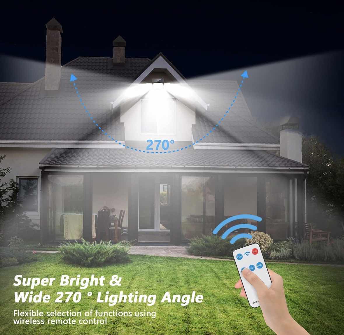 Photo 1 of MOKOT 2-PACK SOLAR POWERED OUTDOOR WATERPROOF LED MOTION SENSOR 4-HEAD WALL LIGHT W REMOTE CONTROL