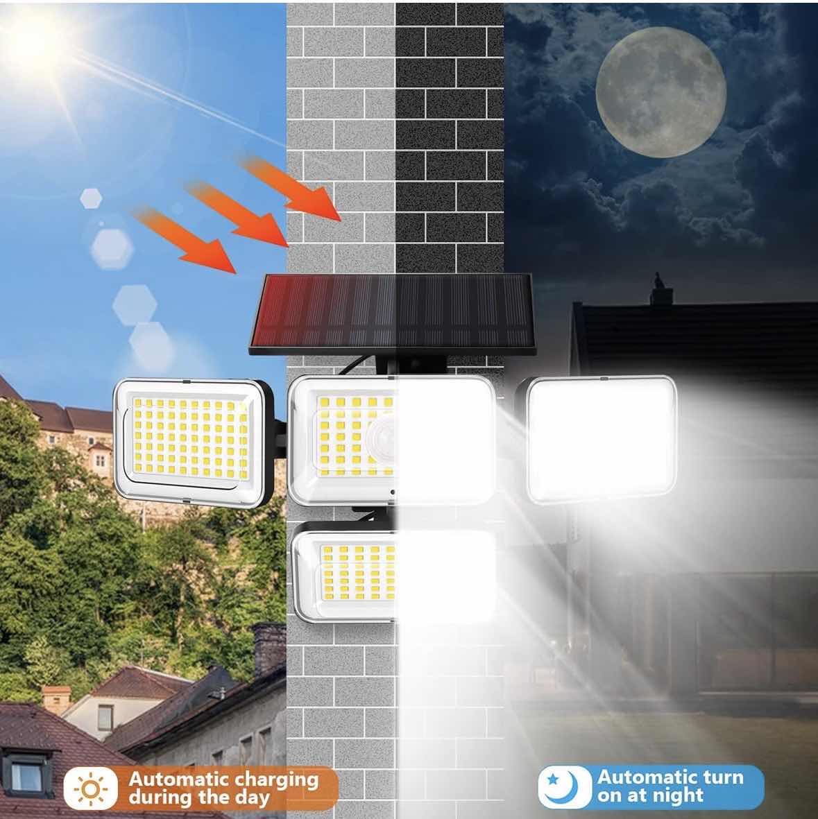Photo 1 of MOKOT 2-PACK SOLAR POWERED OUTDOOR WATERPROOF LED MOTION SENSOR 4-HEAD WALL LIGHT W REMOTE CONTROL