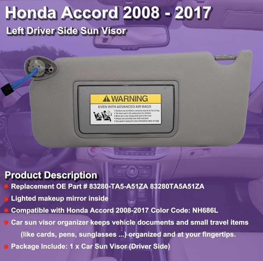 Photo 1 of LEFT DRIVER SIDE SUN VISOR COMPATIBLE W HONDA ACCORD 2008-2017 W LIGHT, GREY