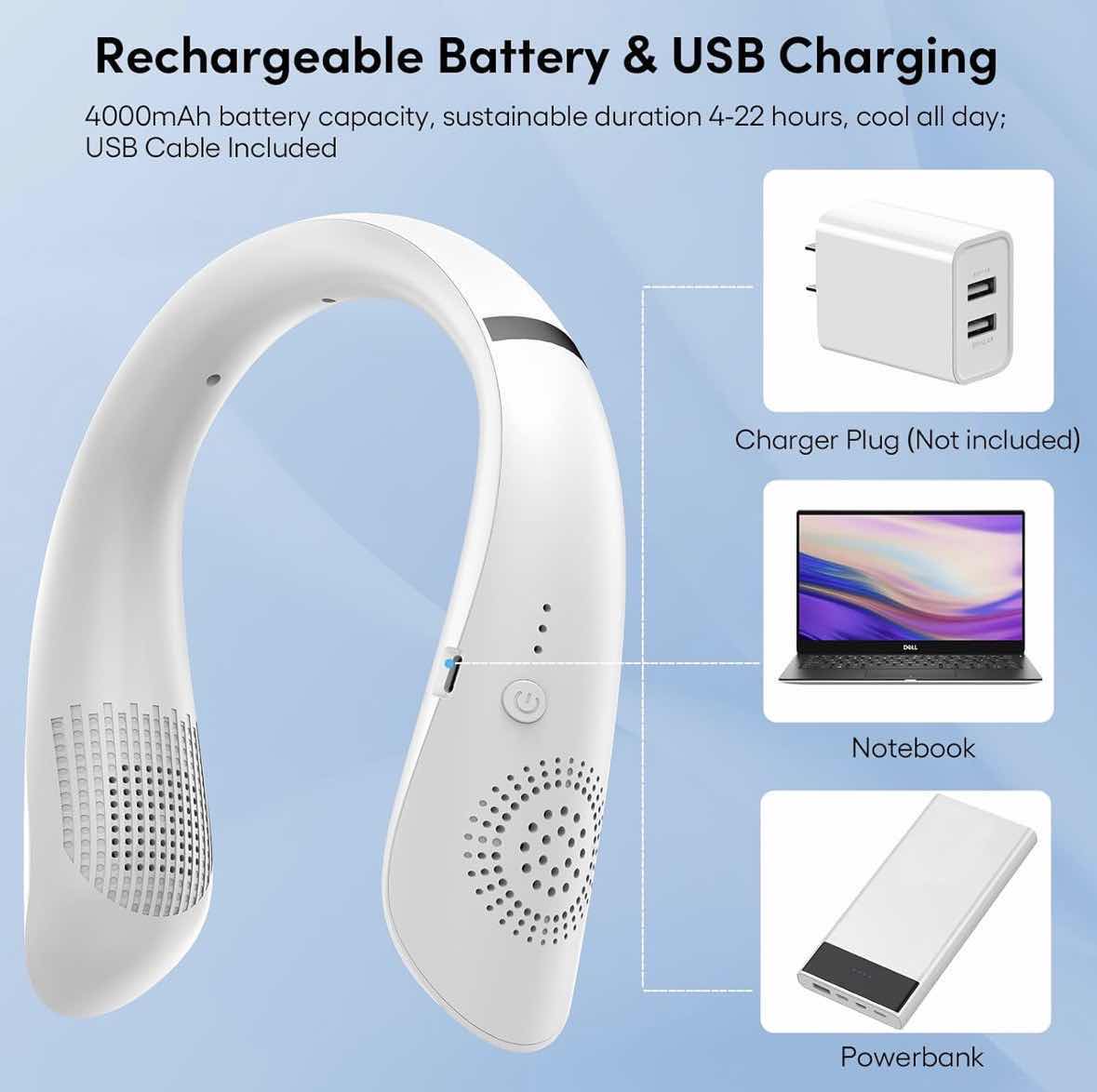 Photo 1 of DOLOND F2 PORTABLE NECK FAN W 3 SPEEDS & USB CHARGER CORD, WHITE