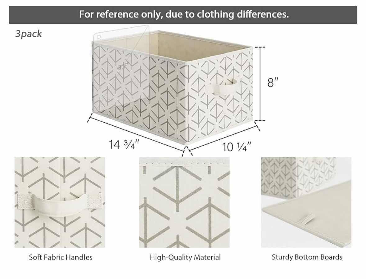 Photo 1 of STORAGEWORKS 3-PACK STORAGE BINS/BASKETS W HANDLES, WHITE/GREY PUTLINED SQUARE PATTERN