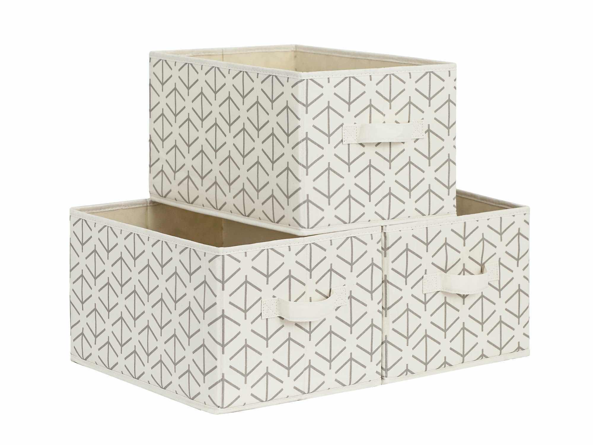 Photo 1 of STORAGEWORKS 3-PACK STORAGE BINS/BASKETS W HANDLES, WHITE/GREY PUTLINED SQUARE PATTERN